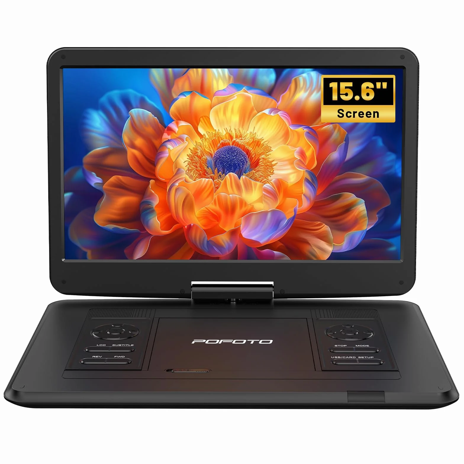 POFOTO 17,5'' Tragbarer DVD-Player mit 15,6'' Drehbarem HD-Display, 6h Akkulaufzeit, Unterstützt Mehrere Formate/SD/USB, TV/Projektor-Sync, Stoßfest & Speicherfunktion, Stereo-Lautsprecher (Schwarz)