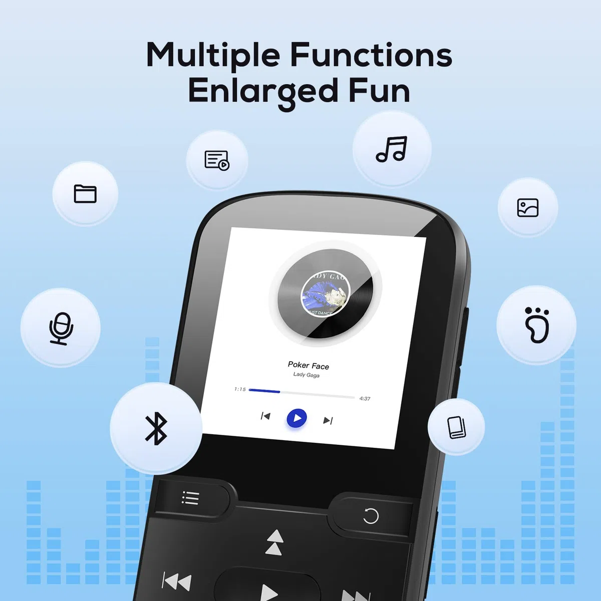 Etacé MP3 Player Bluetooth 5.3, Sport Musik-Player mit 16GB internen Speicher, UKW-Radio, E-Book, Schrittzähler, Sprachaufzeichnung und Unterstützung für bis zu 128 GB TF/Micro SD-Karte