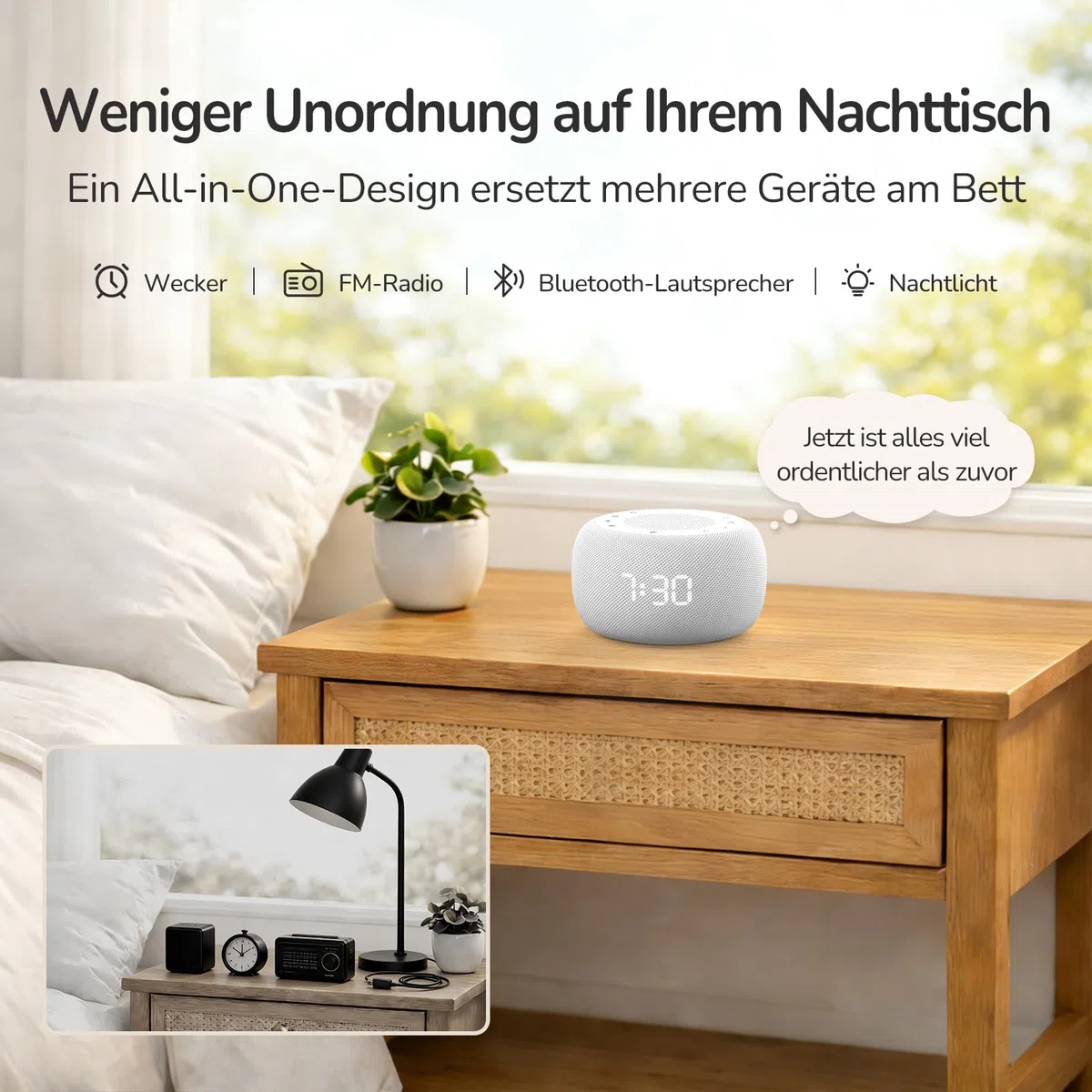 BUFFBEE Radiowecker mit wiederaufladbarem Akku & Bluetooth-Lautsprecher | 9 sanfte Wecktöne, dimmbares Nachtlicht & Display, Schlummerfunktion, tragbares Design für Zuhause, Büro & Reisen