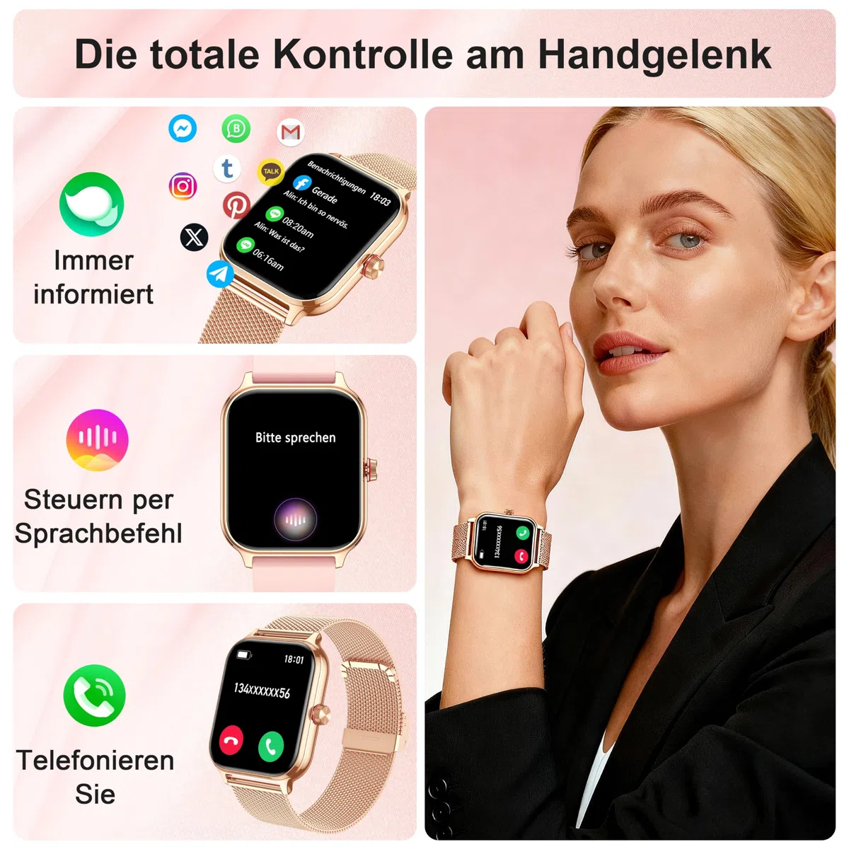 LODIMEKE Smartwatch Herren Damen Telefonfunktion Blutdruck Herzfrequenz Schlaf 1.96'' AI Fitnessuhr IP67 wasserdicht Schrittzähler