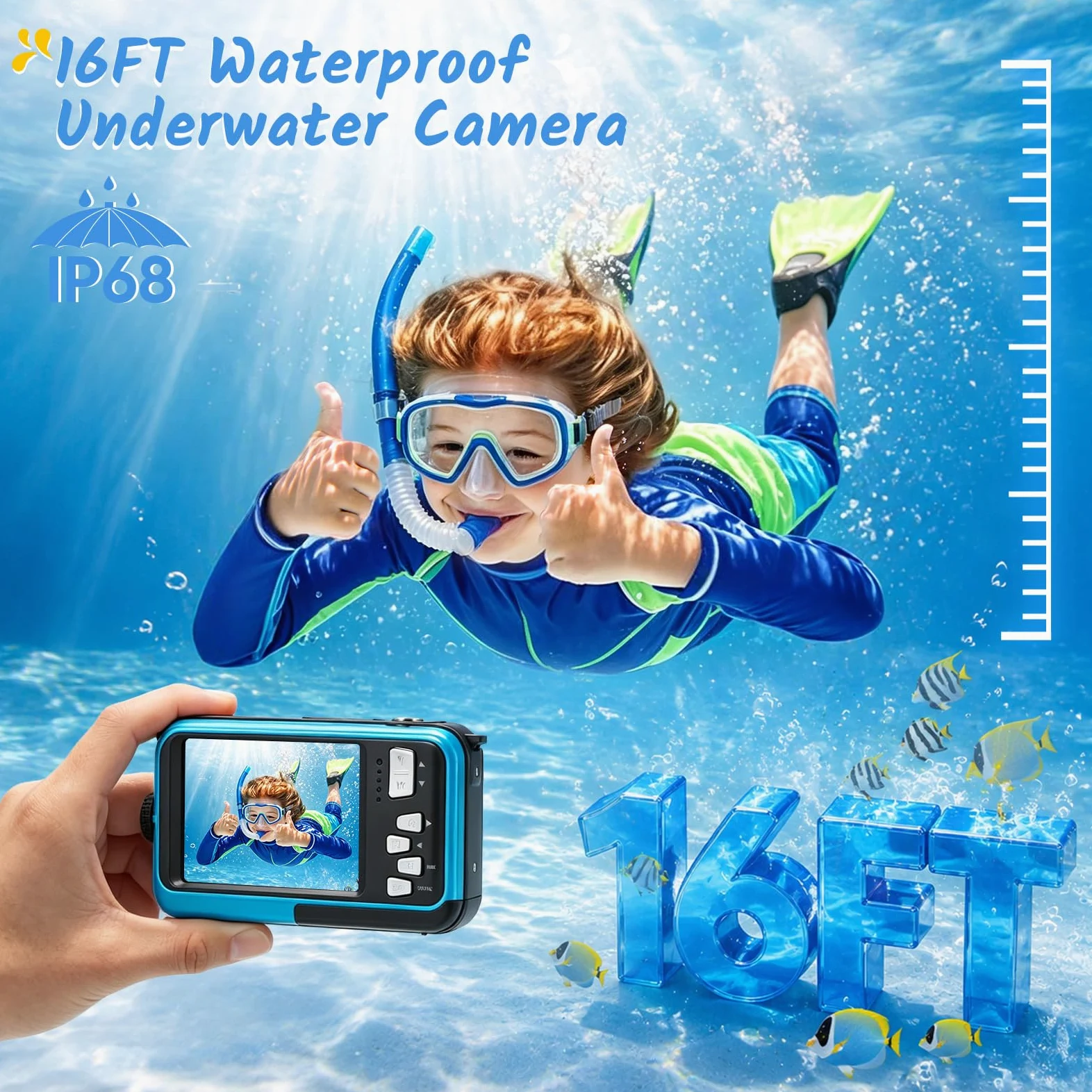 Unterwasserkamera 64MP mit Autofokus & 4K Video, IP68 Wasserdicht Kamera bis 16FT, Digitalkamera mit 32GB Karte, Duales Display, 16X Zoom für Schnorcheln, Blau