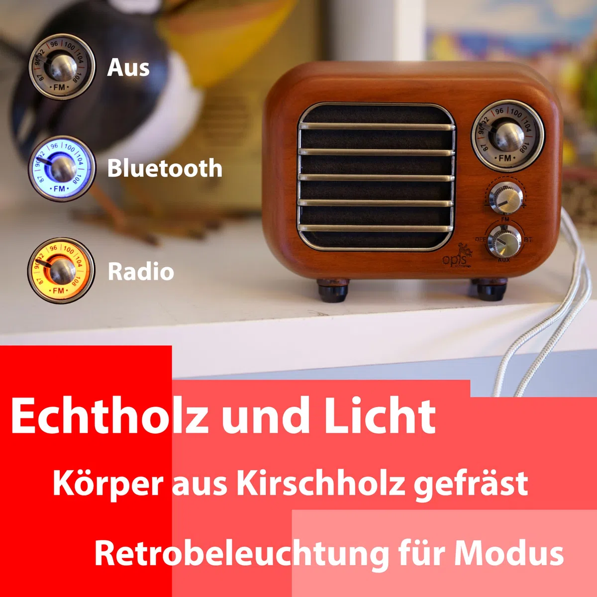 Opis Radio 3 – Kleiner Kirschholz Retro Bluetooth Lautsprecher mit UKW Radio mit Bluetooth im Vintage Look - SD-Kartenfunktion und AUX Eingang