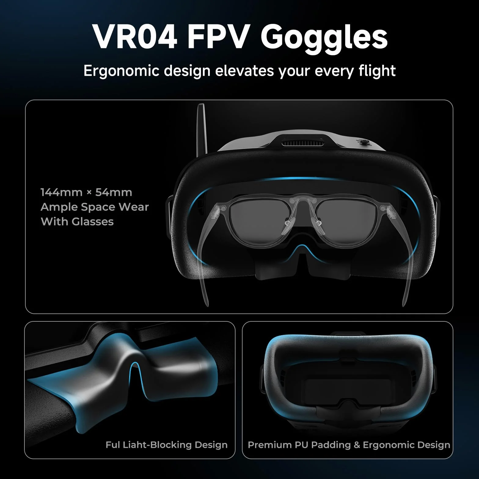 BETAFPV VR04 FPV-Brille mit DVR-Funktion, 5.8G 48Kanäle, 4.3Zoll Bildschirm, 480P Auflösung, Integrierter 2000mAh Akku, Unterstützt Aufnahm&Wiedergabe for Drohnen wie der Cetus Meteor Air Pavo-Serie