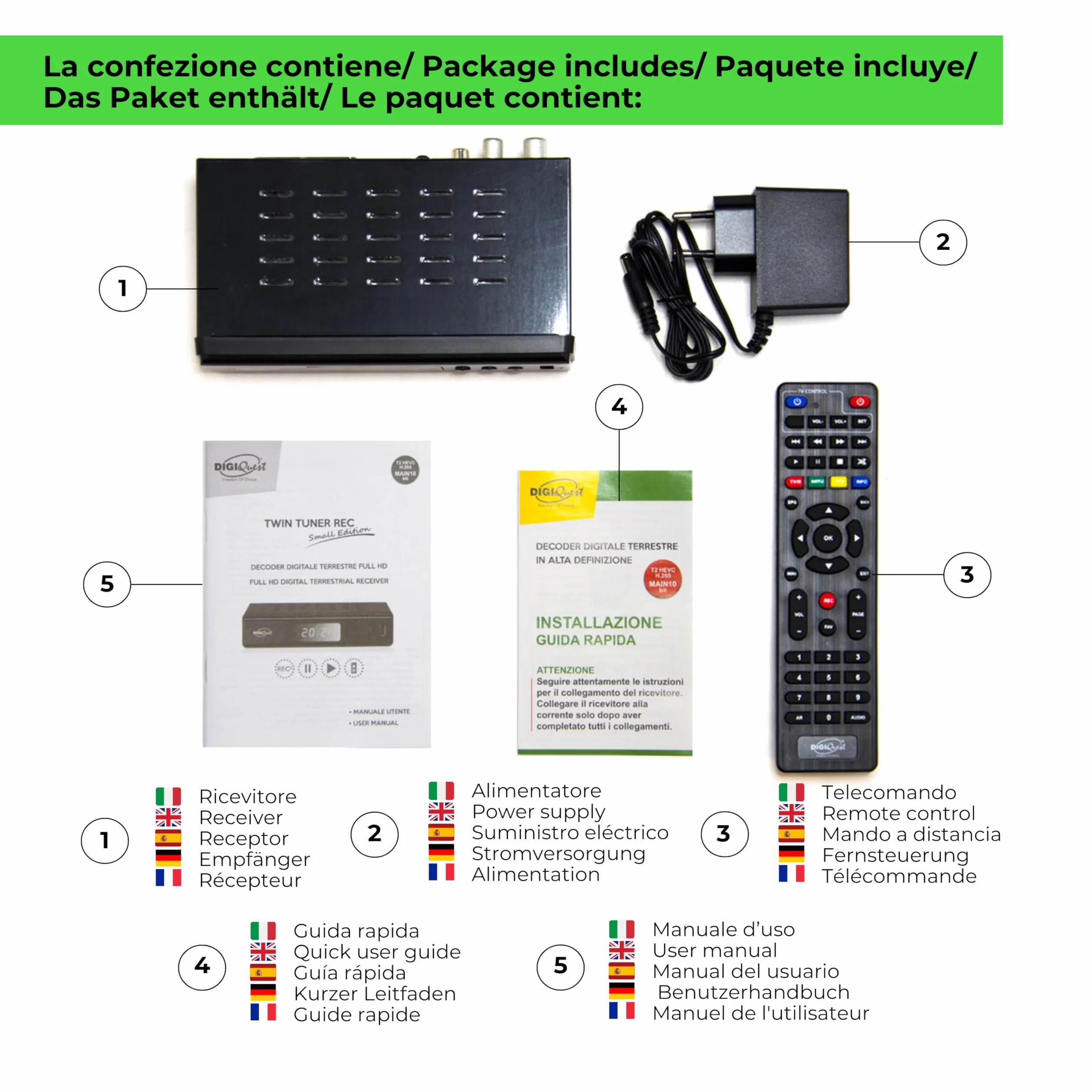 Digiquest Twin Tuner Rec Digitaler terrestrischer Receiver, DVB-T2, Full HD, Small Edition, Videorekorder, Schwarz
