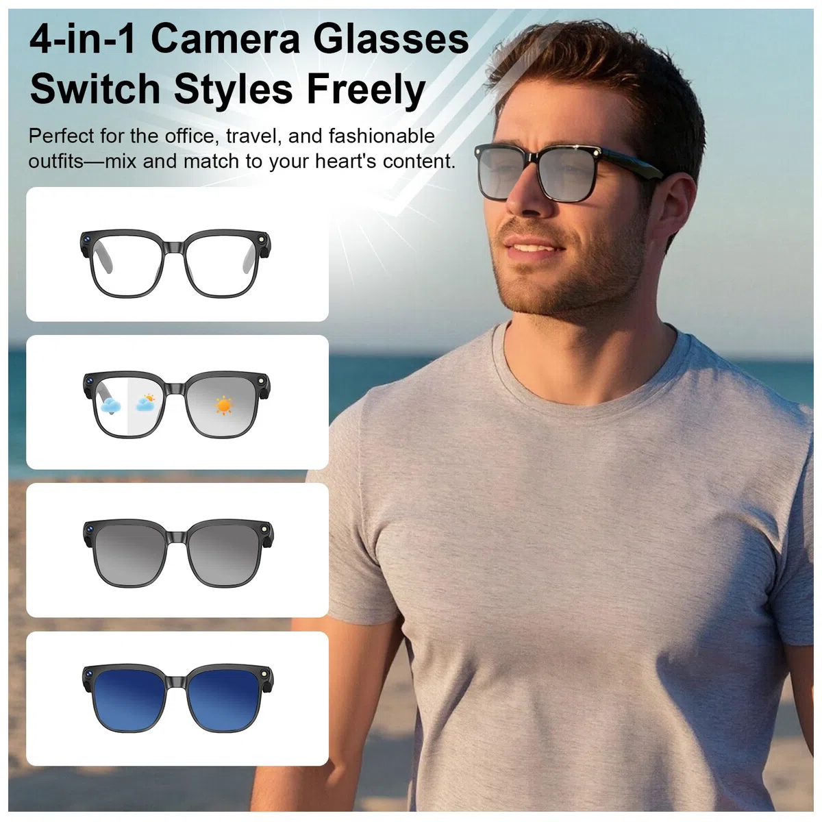 AI Smart Camera Brille - HD 1080P Video, Foto, Sprachübersetzung: Mit wechselbaren Sonnen-/Blaulichtschutzgläsern, Einsatzbereich Outdoor, Radtouren, Wandern, Reisen