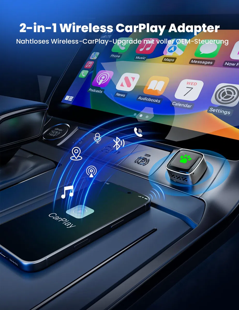 Wireless CarPlay Adapter für Apple 2026 Upgrade, Wired zu Wireless CarPlay, USB & Type-C Dual-Port, Plug & Play, Mini & Stabil, kompatibel mit iPhone iOS 10+/Android Auto, über 1K+ Automodelle ab 2016