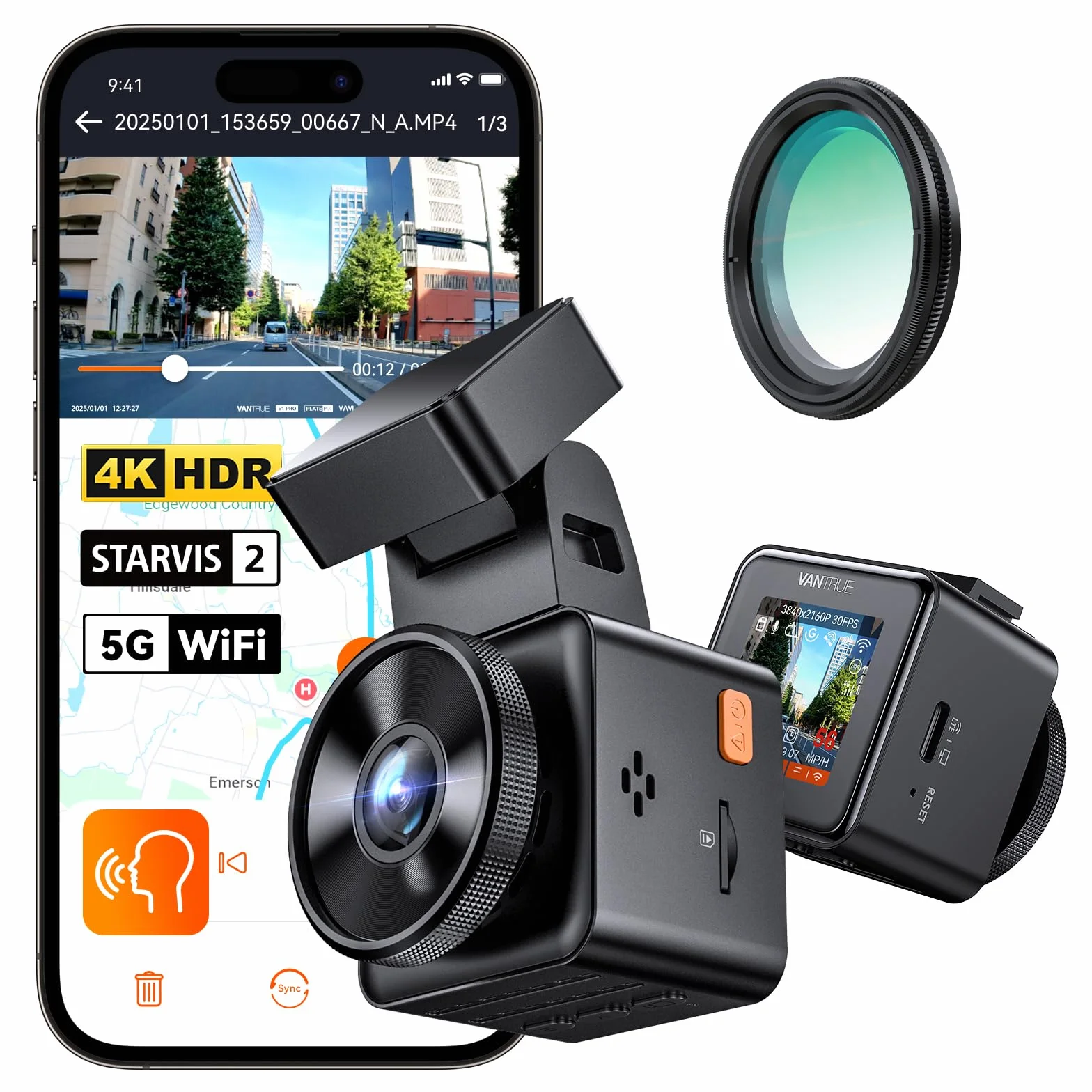 VANTRUE E1 Pro 4K HDR STARVIS 2 Dashcam Auto vorne, 5GHz WLAN Mini Dash Cam mit CPL, GPS Sprachbefehle, Parküberwachung, 1.54 Zoll 160°