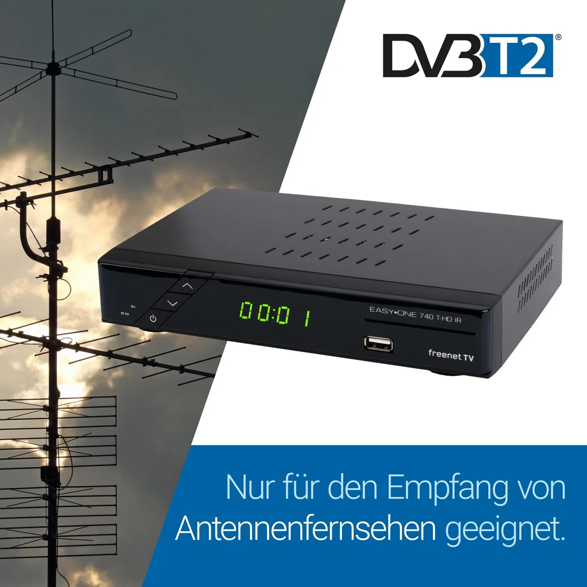 Set-ONE EasyOne 740 HD DVB-T2 Receiver, Freenet TV (Private Sender in HD), Full-HD 1080p, HDMI, USB 2.0, 12V tauglich, 2m HDMI Kabel, DVB-T2 Zimmerantenne