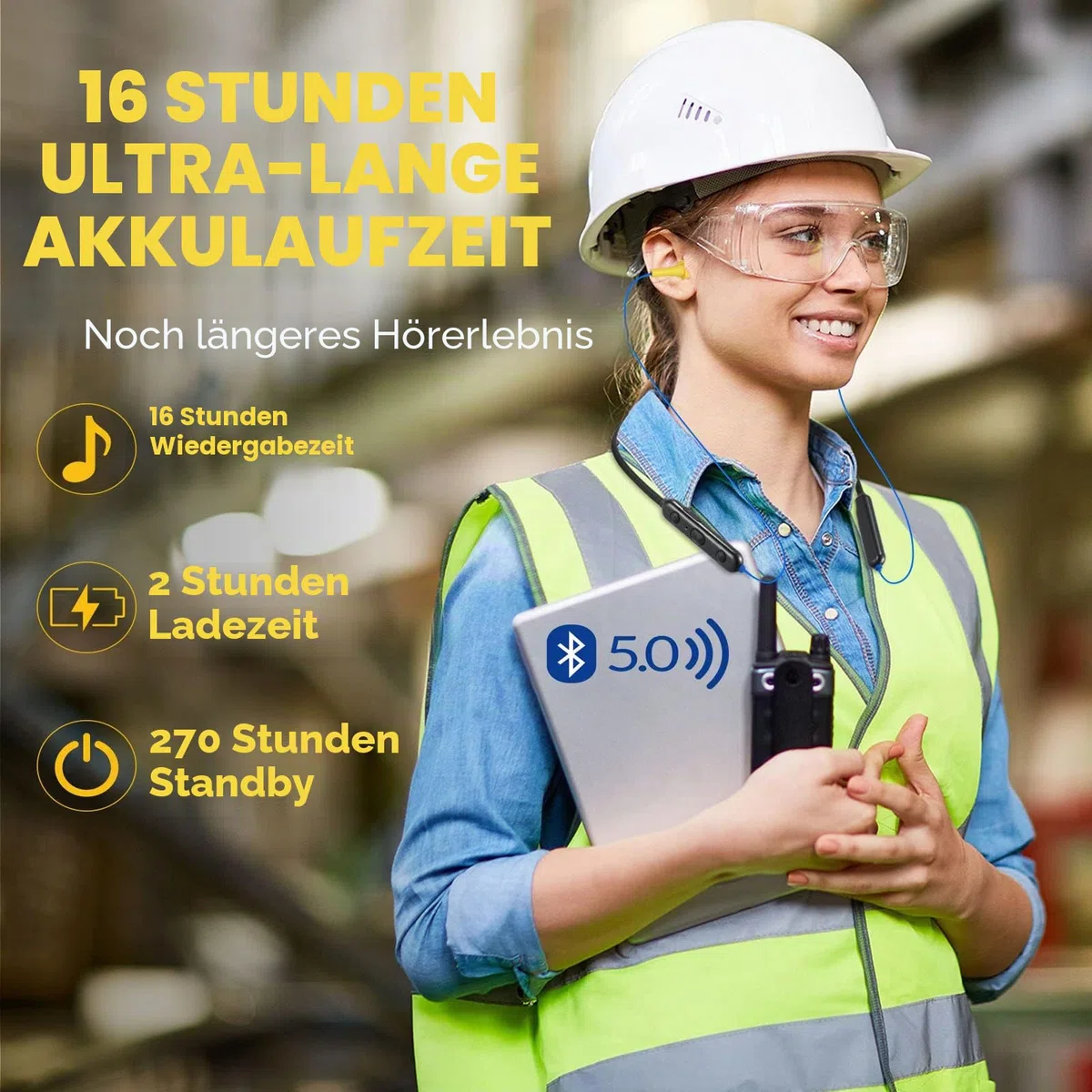 Bluetooth-Ohrstöpsel-Kopfhörer, Nackenbügel, Bluetooth-Ohrstöpsel, kabellos, 28 dB Geräuschreduzierung, In-Ear-Kopfhörer, isolierende Ohrhörer mit Mikrofon, IPX5 wasserdicht, 16 Stunden