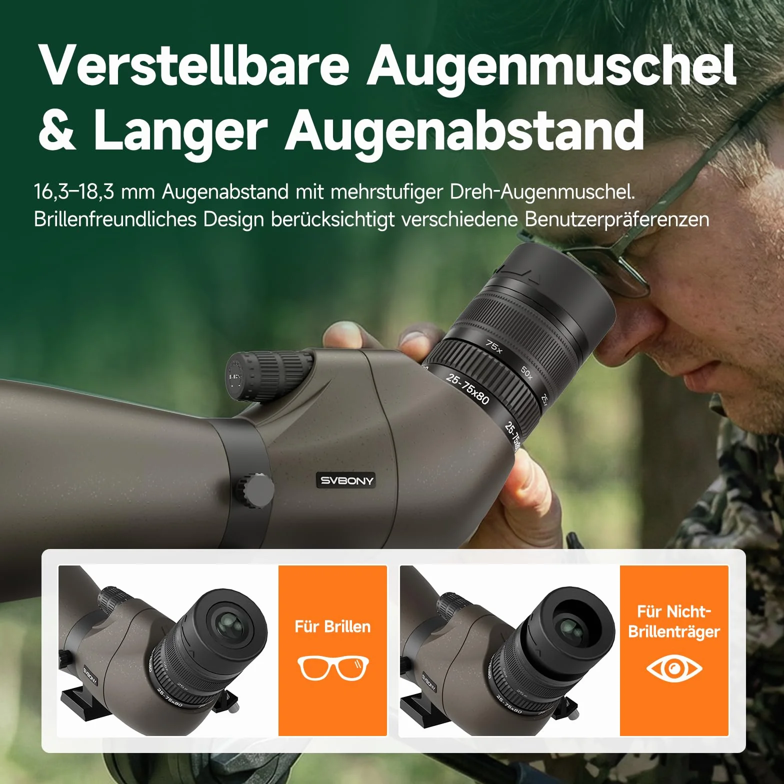 Svbony SV29 25-75x80mm Spektiv mit Schwalbenschwanz und Stativ, Großem Sehfeld, Porroprisma FMC, Smartphone-Adapter für Zielschießen, Vogelbeobachtung und Tägliche Beobachtung