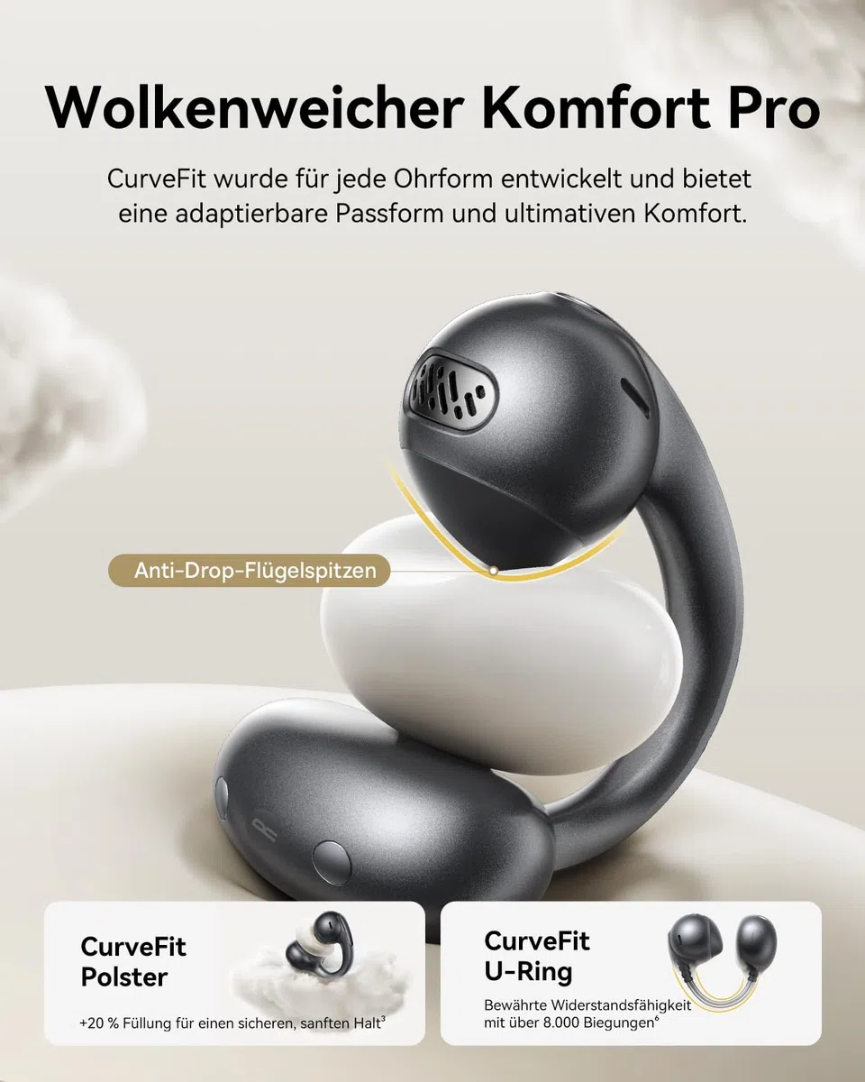 Baseus MC1 Pro Open Ear Kopfhörer, Ohrclip mit Beeindruckender Klang, Adaptiver Bassverstärkung, Bluetooth 6.0, Geräuschunterdrückung bei Anrufen, IP67, 40H Akk, 5,0g Buds - Schwarz