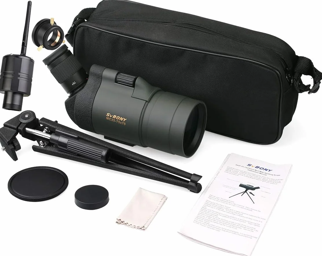 Svbony SV41 Mak Spektiv mit WiFi-Kamera Und Adapter M48 auf M42, 25-75x70 Mak Telescope, BAK4 Prism FMC Optics Wasserdicht Spektiv mit Stativ für Vogelbeobachtung Sportschützen Wildlife Scenery Mond