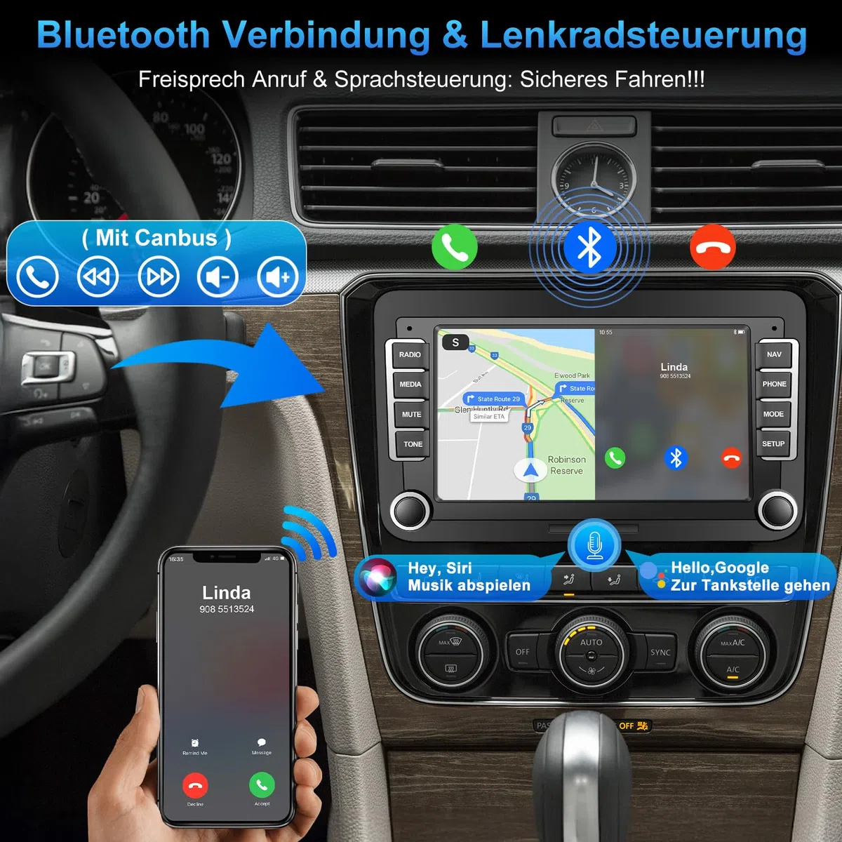 Autoradio mit Bildschirm Bluetooth für VW Polo Golf 5 6 T5 Passat Caddy Seat Skoda, 2Din Auto Radio 7 Zoll Touch Display Android 14,mit DAB Navi WLAN Carplay Android Auto Lenkrad Strg
