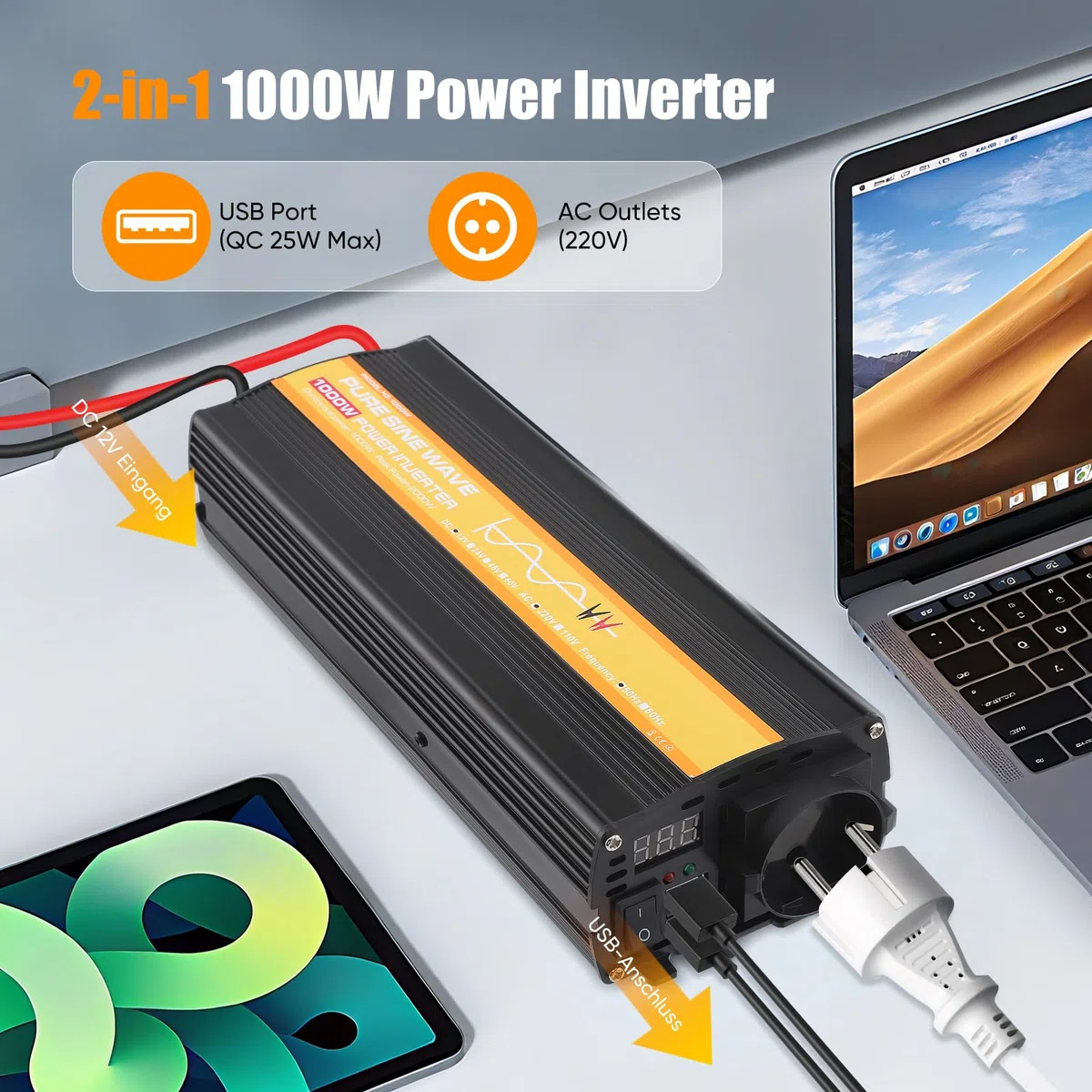 Wechselrichter, 12V auf 230V Spannungswandler mit Reiner Sinuswelle, Umwandler 1000W Dauerleistung / 2000W Spitzenleistung, für Wohnmobile, Caravan Boote und Camping mit 1 AC-Steckdose und 2 USB-Ports