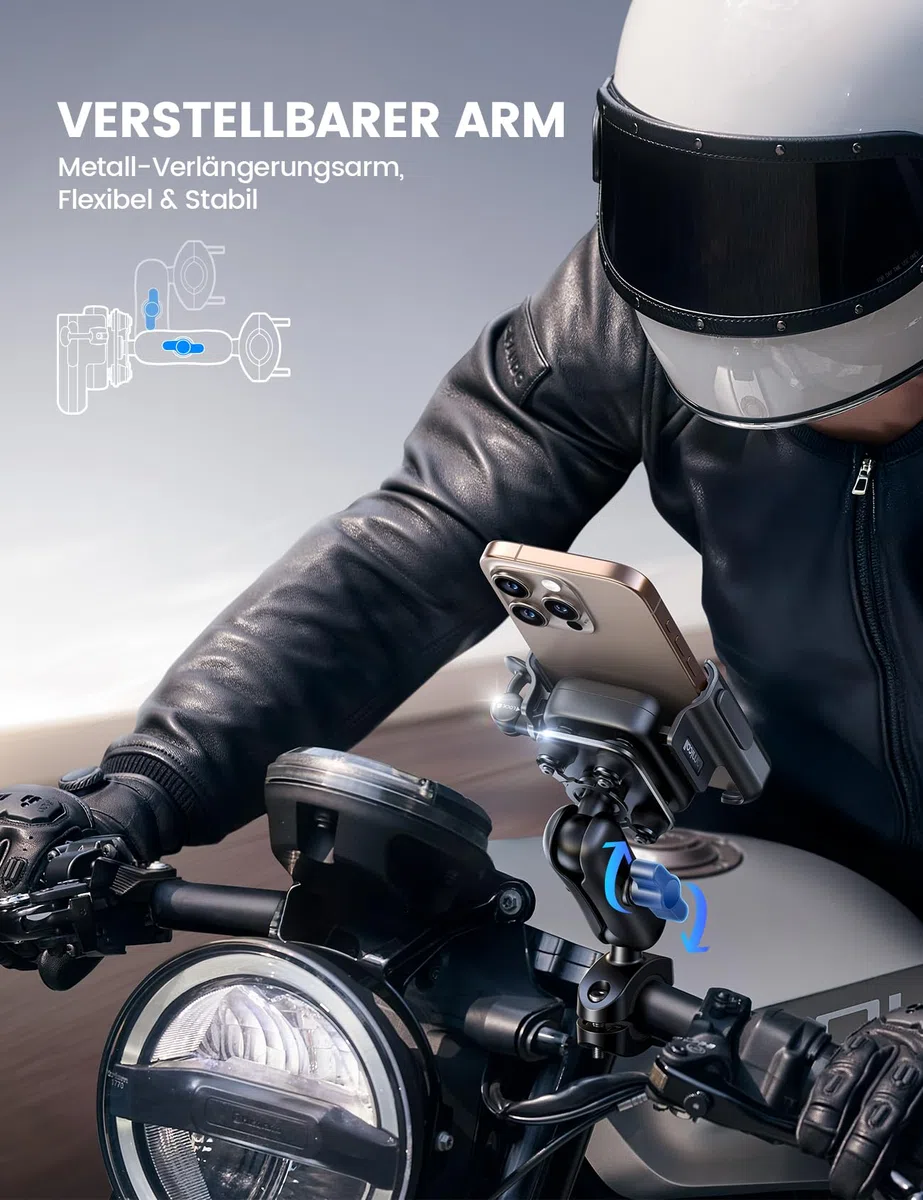 Lamicall Handyhalterung Motorrad, Handyhalter Fahrrad Lenker, Ganzmetall | [Ideal für Video] Vibrationsgedämpfte Handy Halterung Motorrad Halter mit Verlängerungsarm, für iPhone 17, Samsung, 7,2 Zoll