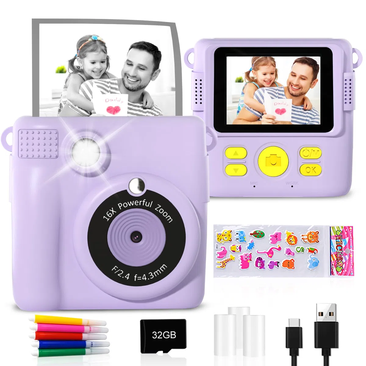 GKTZ Sofortbildkamera Kinder 1080P HD Sofortdruck Geschenk für Mädchen 5-10 Jahre (Lila)