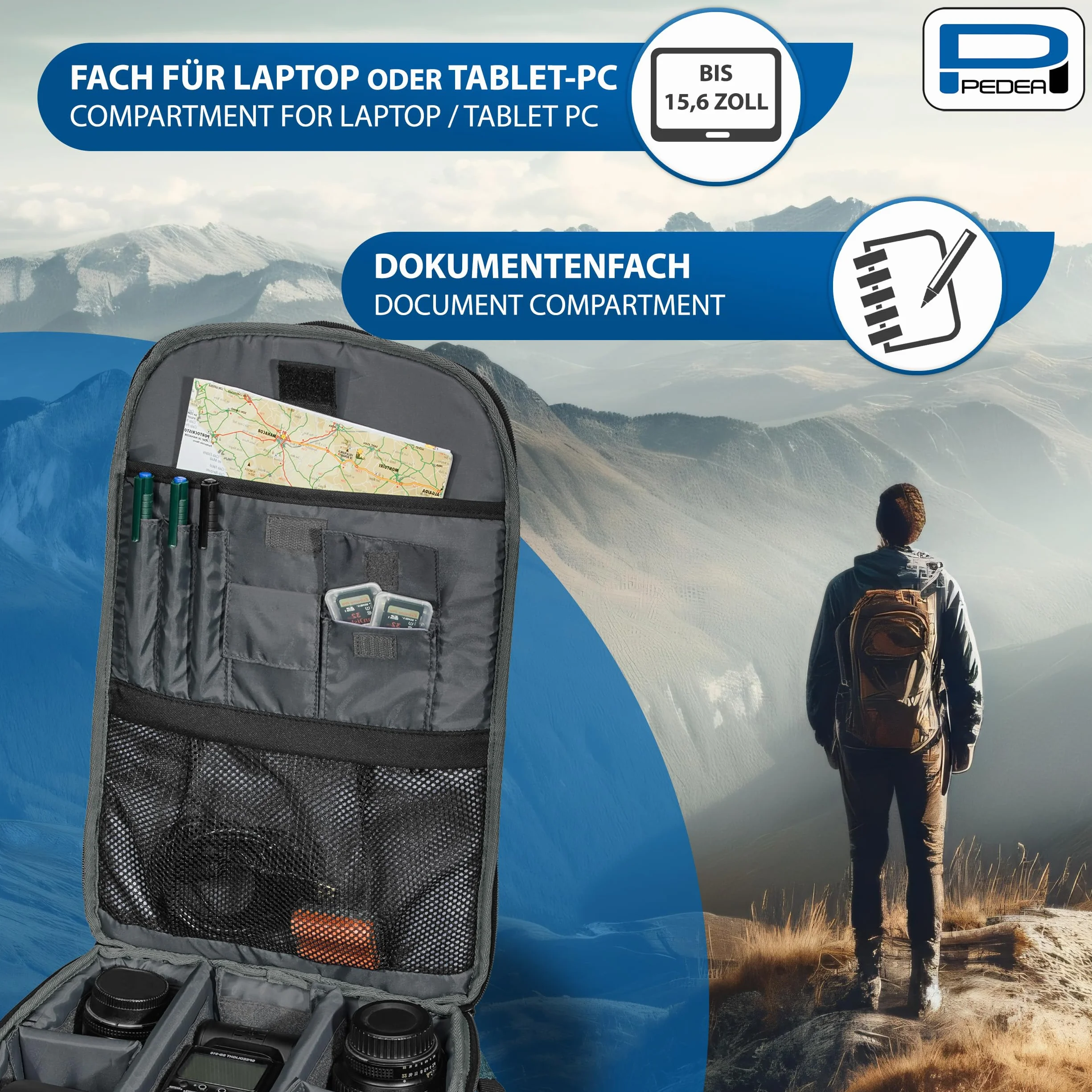 Pedea DSLR-Kamerarucksack Fashion Fotorucksack für Spiegelreflexkameras mit wasserdichtem Regenschutz und Variabler Inneneinteilung (Rucksack, schwarz)