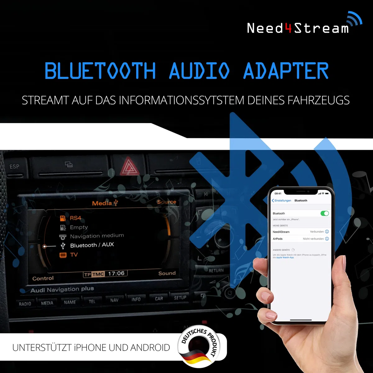 N4S74094 Bluetooth Adapter Auto mit Titelanzeige für RNS-E, Audio Adapter kompatibel mit Audi A3 (8P), Audi TT (8J), Audi R8 (420), Lamborghini Gallardo, Seat Exeo, iPhone und Android