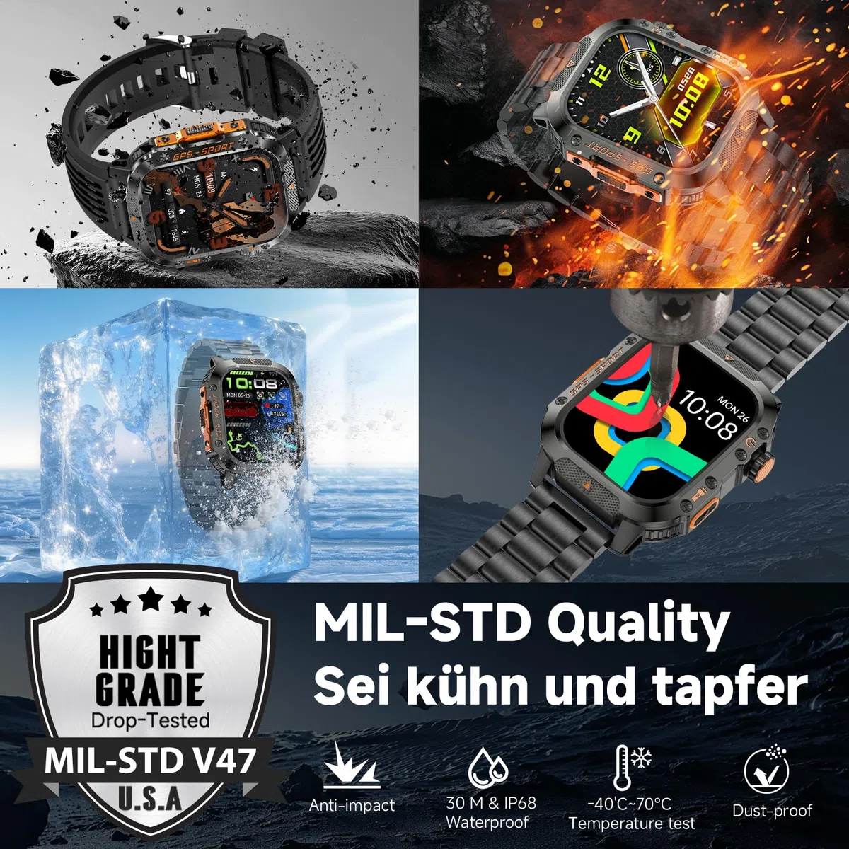 GPS Smartwatch Herren Schwarz Uhr Kompass Luftdruck Telefonfunktion Schlafmonitor Herzfrequenz Schrittzähler Sportuhr Militär Wasserdicht 2,01" Touchscreen 540mAh Akkulaufzeit (2 Uhrbänder)