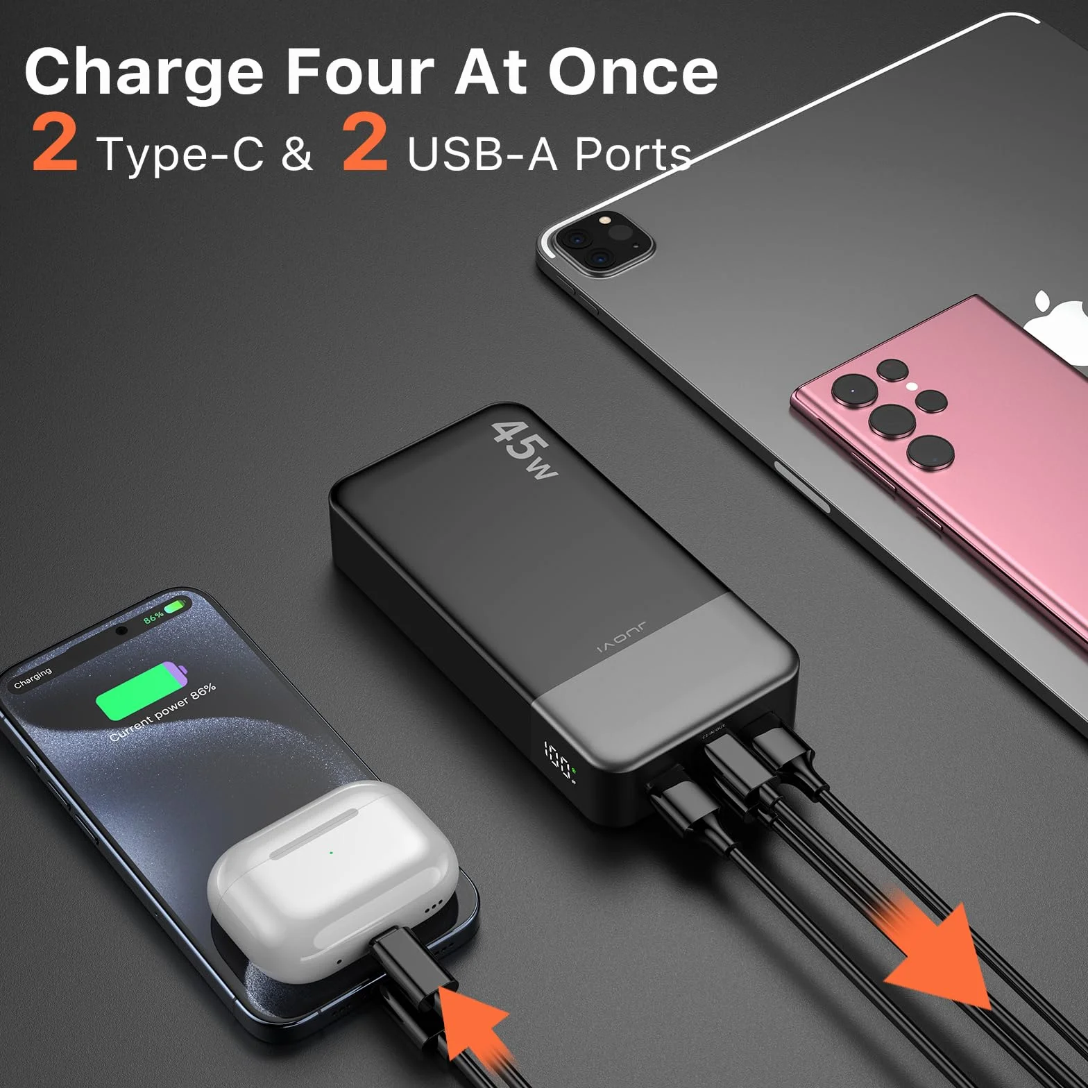 JUOVI Power Bank, 20000mAh 45W Tragbares Ladegerät, PD3.0 QC4.0 Schnelles Laden 4-Port mit LED Anzeige, Akkupack Ladegerät tragbar für MacBook, iPhone 15 14 13 Pro Samsung S23 S22 (Schwarz)