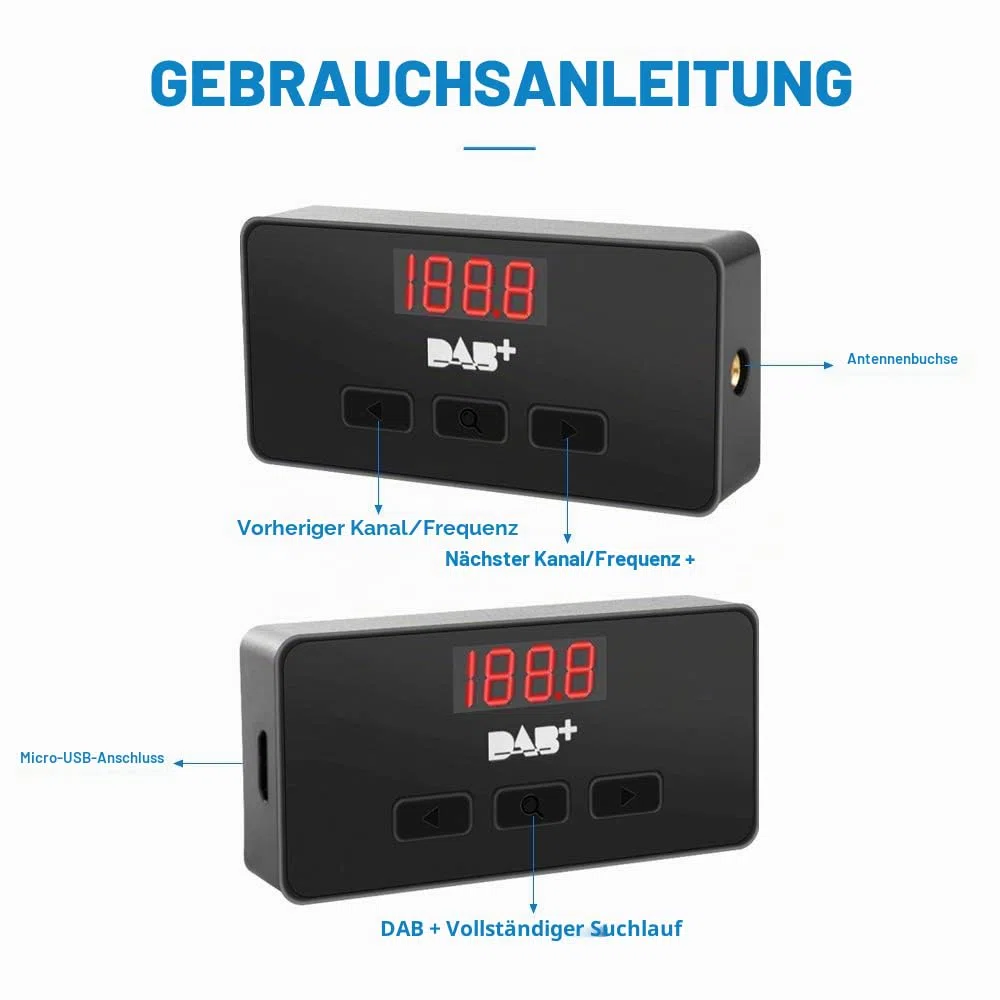 EZoneTronics Externer DAB/DAB+ Adapter für Autoradio, Digitalradio-Empfänger + AUX-Kabel mit DAB-Antenne, FM-Transmitter-Tuner Box für Universal- Autoradio und Android-Autoradio-Stereo