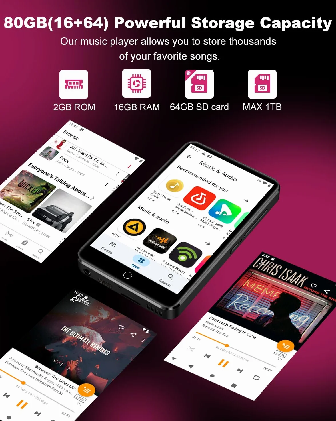 80GB MP3 Player mit Spotify und WiFi Bluetooth, ZAQE 4 Zoll Touchscreen, Android 13 MP4 Player, Audible Compatible, FM Radio, Amazon Music, Deezer, Pandora, Play Store (schwarz)