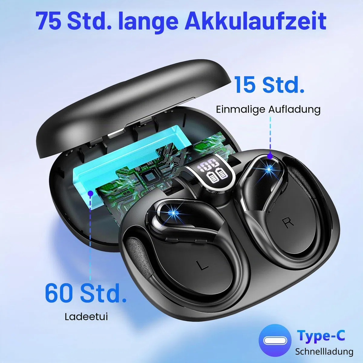 Bluetooth Kopfhörer in Ear Sport, 2024 Kopfhörer Kabellos Bluetooth 5.3 HiFi Stereo, 75 Std Noise Cancelling Wireless Earbuds, Tiefer Bass, LED-Anzeige, IP7 Wasserdicht, USB-C-Schnellladung Ohrhörer