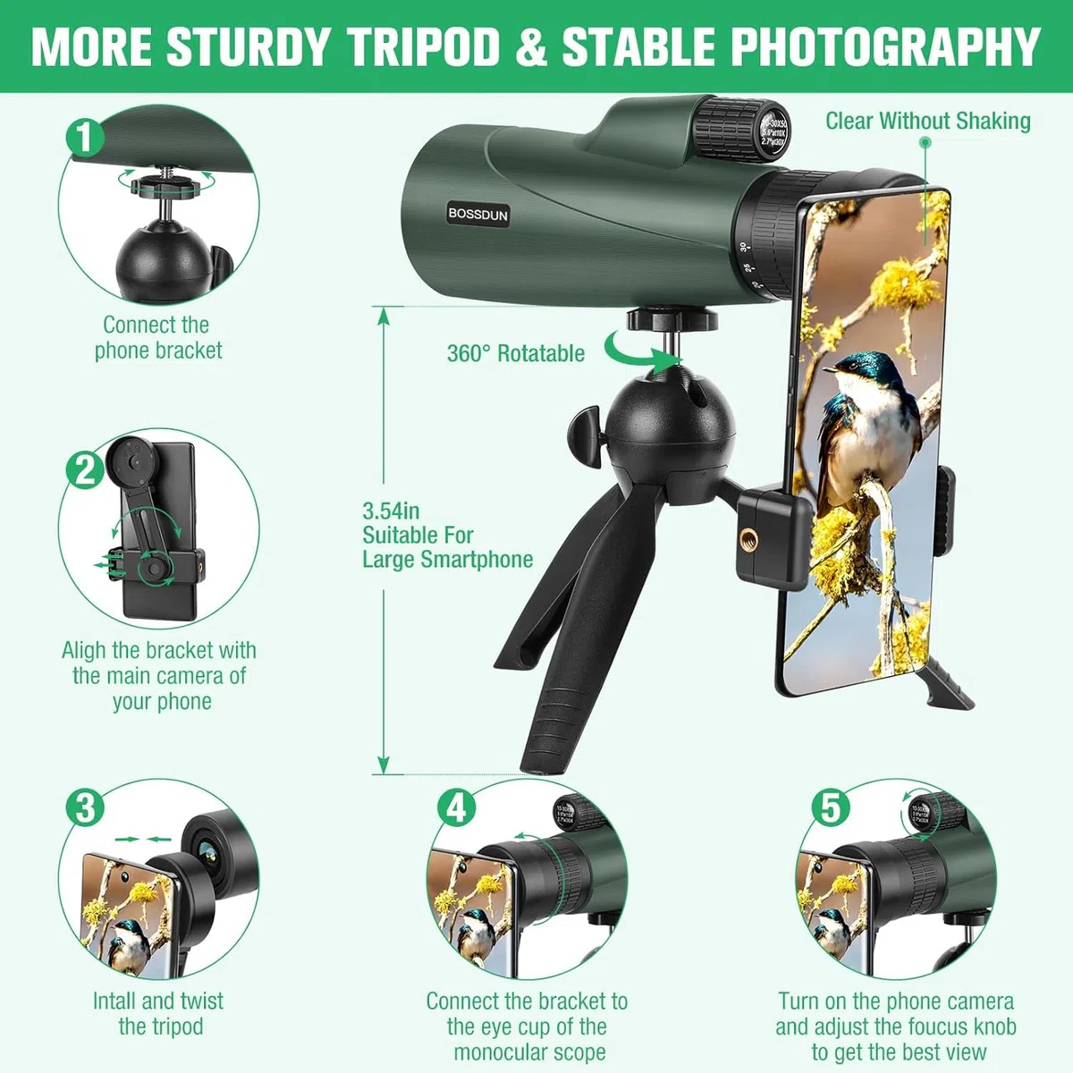 Zoom Monokulars Teleskop, Hochleistungs Monokulars Teleskop für Smartphone mit Stativ, HD Monokulars für Erwachsene, größere Vision Monokulare für Wandern Jagd Stargazing Vogelbeobachtung (Green)