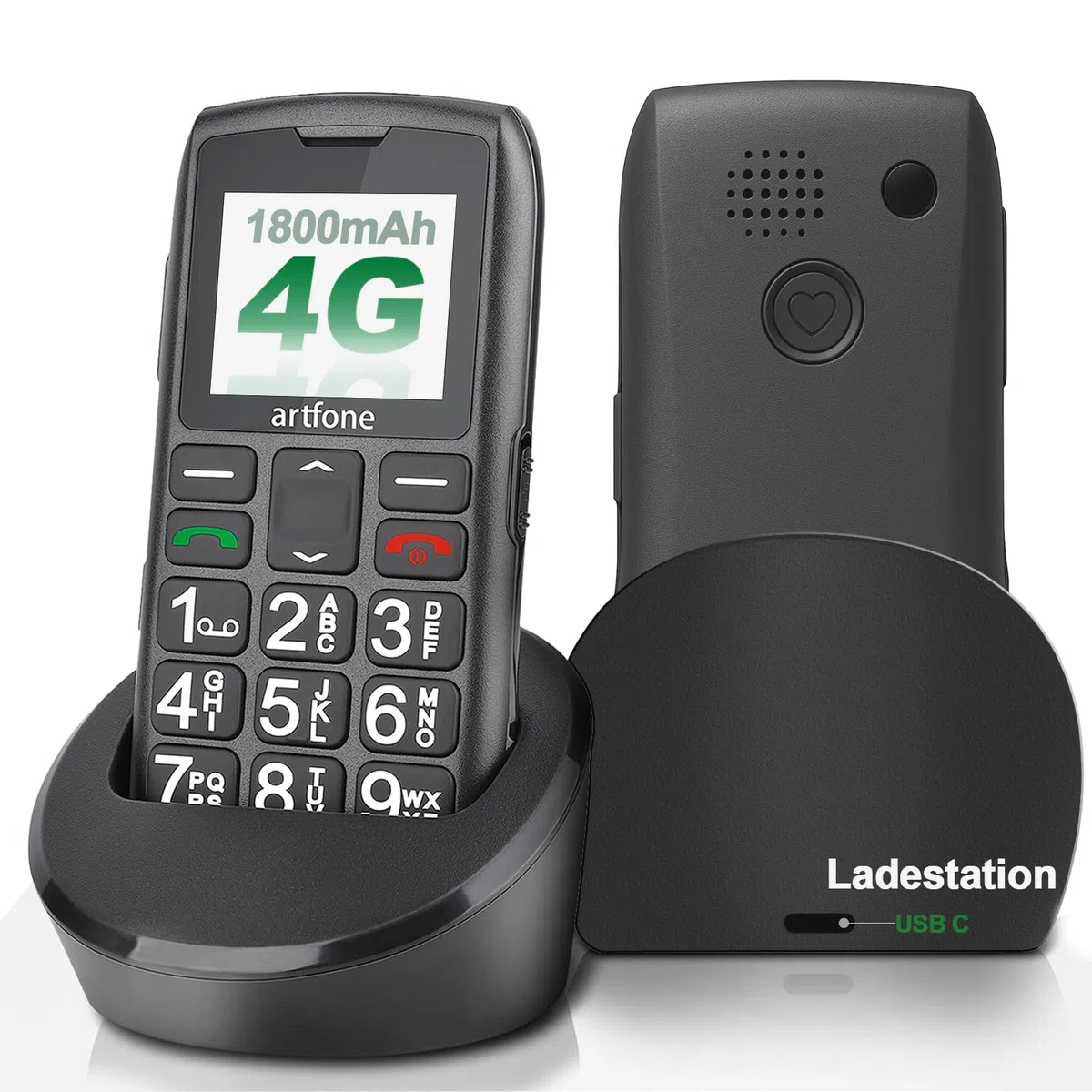 artfone 4G Seniorenhandy ohne Vertrag | Rentner-Handy Große Tasten | Lange Standby-Zeit | Tastenhandy mit Notruftaste | Ladestation |Nano SIM | USB-C |Volte