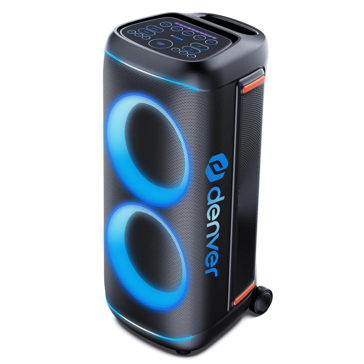 Denver BPS-470 - Bluetooth Party Lautsprecher Groß 2000W mit LED RGB Licht | 2x10 Zoll Woofer, Mikrofon & Fernbedienung, TWS Stereo-Paarung, AUX/USB/MicroSD, IPX4, 6000mAh Akku mit Rollen, 85 cm