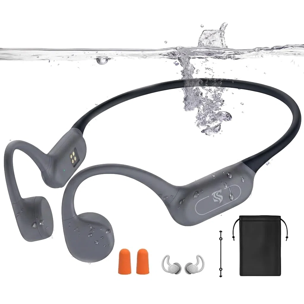 Kopfhörer Schwimmen – Knochenschall Kopfhörer Bluetooth 5.4, IPX8 Wasserdichte Sport Headphones mit MP3-Modus, Unterwasser Open Ear Headset mit 32 GB Speicher, Leicht & Sicher für Fitness (Grau)