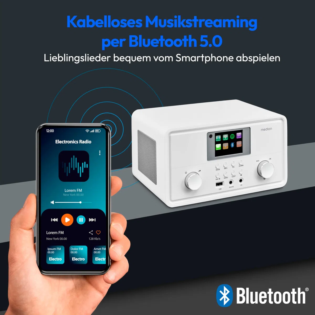MEDION P85027 Internetradio (DAB Plus, UKW Radio, Spotify Connect, WLAN, Bluetooth, Streaming, Equalizer, Farbdisplay, USB, AUX, Wecker, Schlummerfunktion, Sleep Timer) weiß