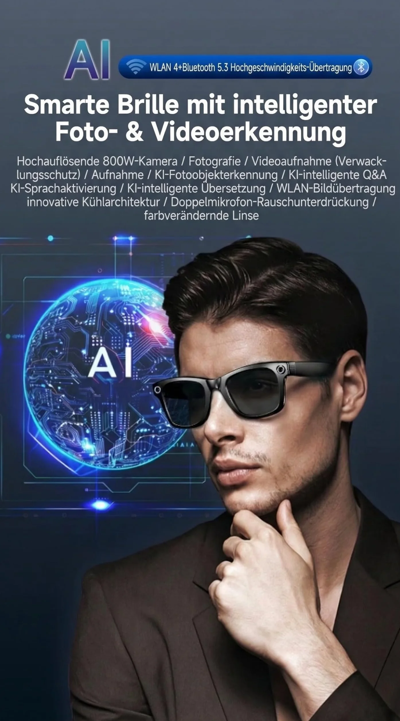 Smart Glasses mit KI & Bluetooth, ChatGPT-Sprachassistent, UV-Schutz, WLAN, Echtzeit-Übersetzung in 89 Sprachen, 2K-Kamera, Open-Ear-Audio, IP65 wasserdicht, Objektidentifizierung, inkl. 2 Gläser