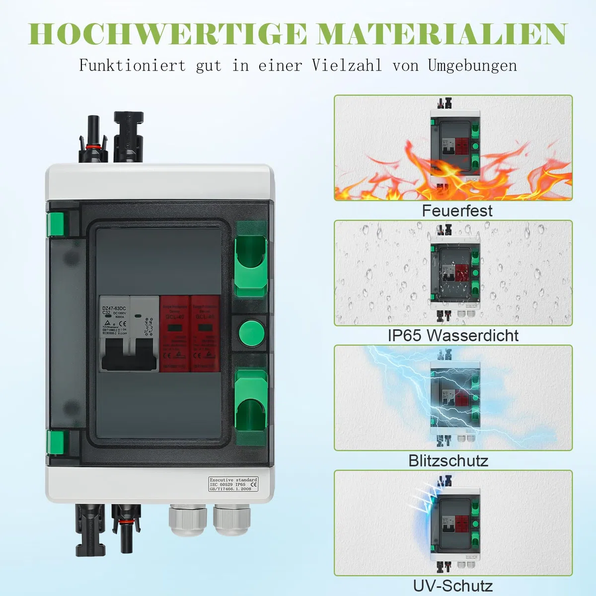 Überspannungsschutz PV DC 1000V Blitzschutz Leistungsschalter IP65 Wasserdicht 1 String 4 Modul Solar PV Anschlusskasten