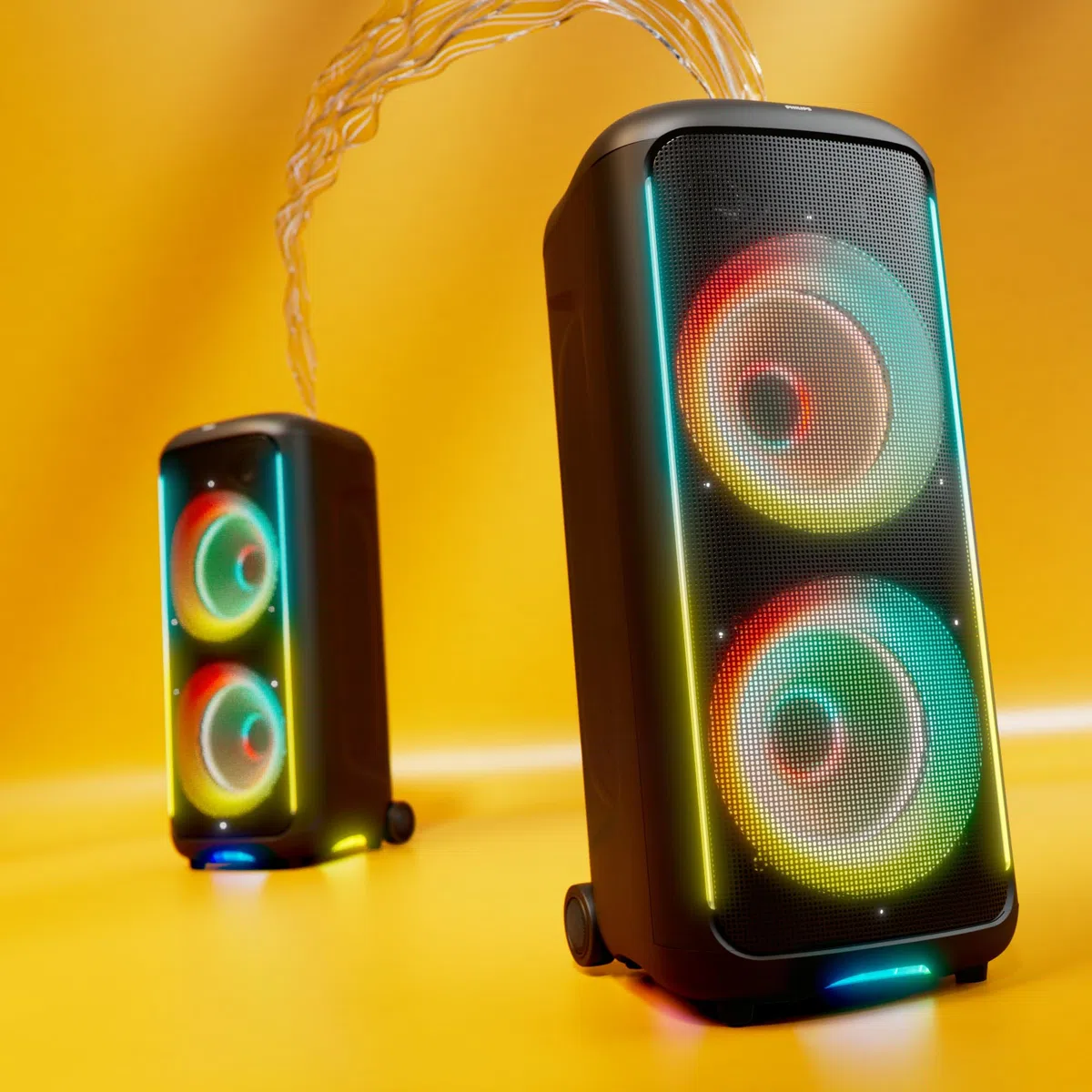 Philips TAX5000E Bluetooth-Party-Lautsprecher, 200 W Leistung, Bass+, Lichtshow, 14 Std. Akku, TWS, Auracast, Mikro-/Gitarren-Eingänge, IPX4-Spritzwasserschutz, USB, AUX, App-Steuerung, Räder, Griff
