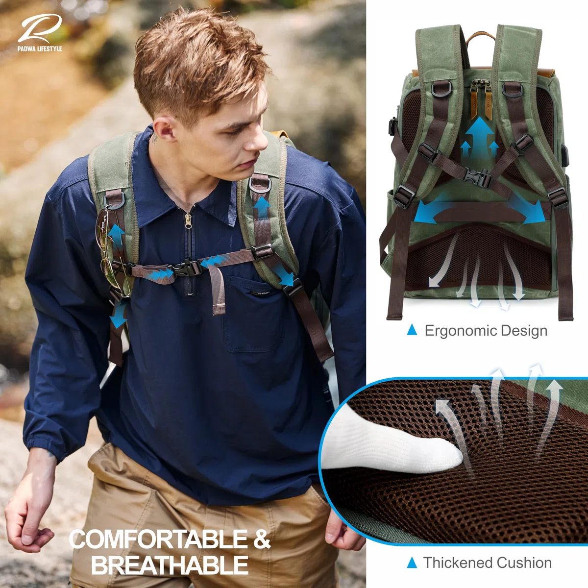Padwa Lifestyle Grüner Kamerarucksack - wetterfeste Kameratasche aus gewachstem Memory Canvas mit 16“ Laptop-/Objektivfach und Stativfach, Mehrzweck-Kamerarucksack für professionelle Fotografen