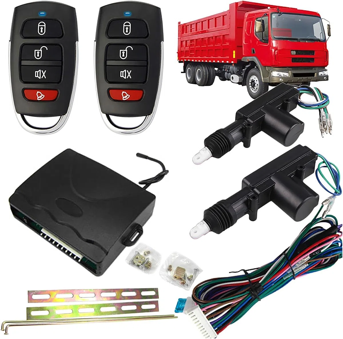 Power Central Locking System 24V DC, Auto Remote Control Vehicle Keyless Entry System for Truck 2 Doors Automotive Replacement Door Lock Kit Motors with Lock, Unlock, Truck Search