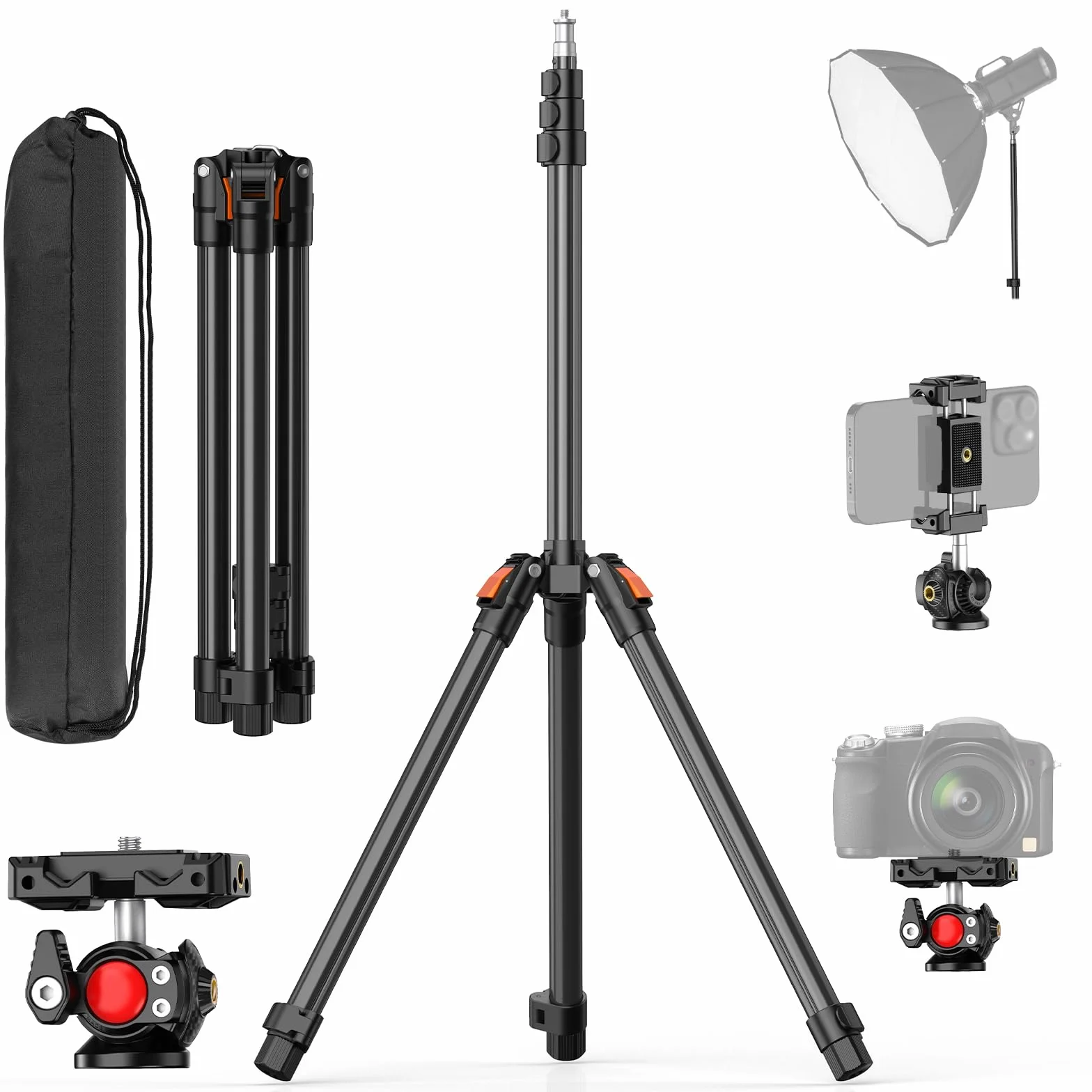 Lichtstativ mit Kugelkopf 210cm/83in Umkehrbares Tragbares Studio-Beleuchtungsstativ mit Tasche