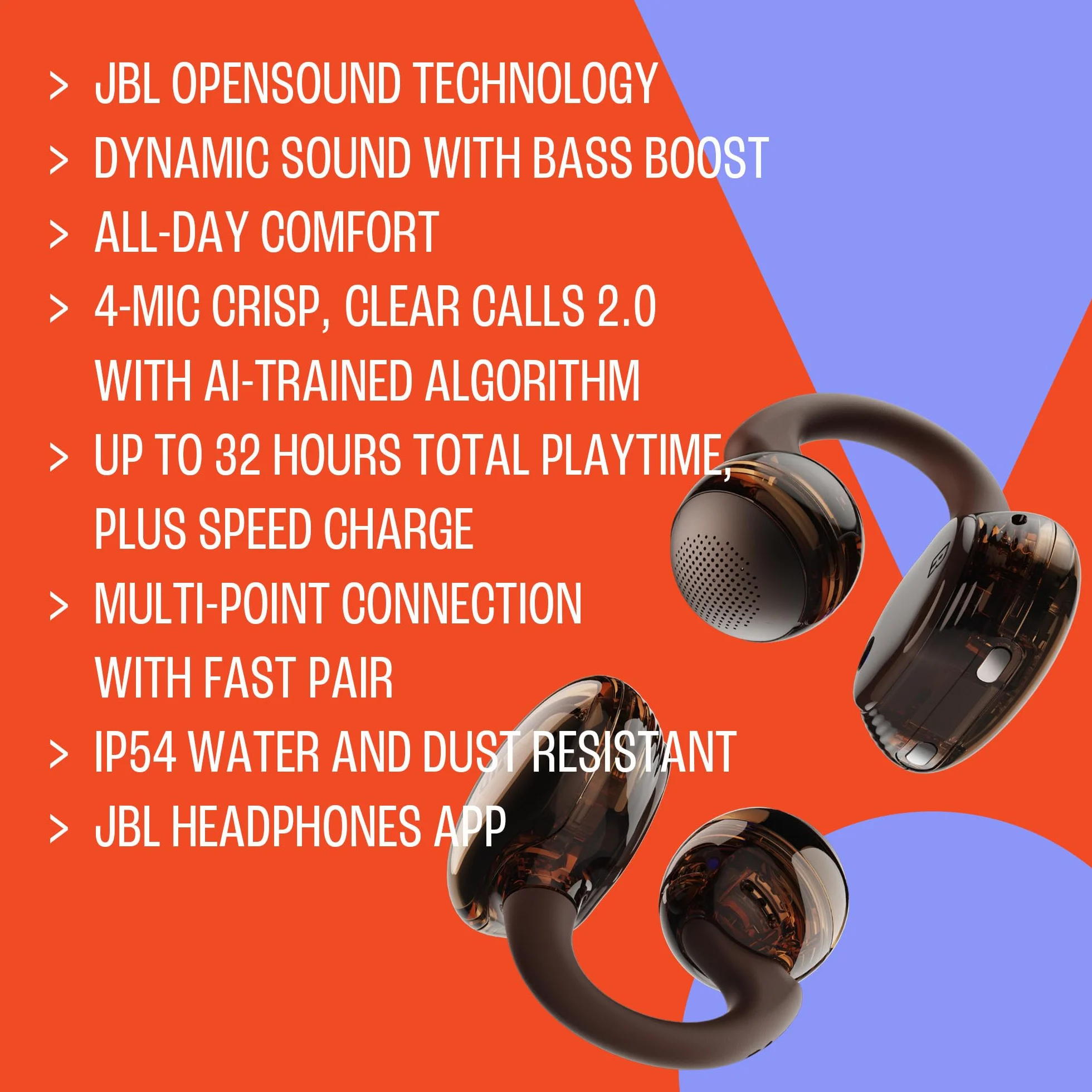 JBL Soundgear Clips Open-Ear-Kopfhörer, Ghost Copper | SonicArc Design, 32 Stunden Spielzeit, 4 Beamforming-Mikrofone, IP54 wasser- und staubgeschützt, OpenSound-Technologie