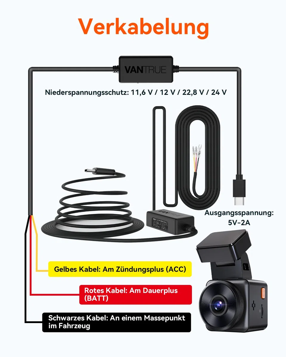 VANTRUE N4 PRO S Dashcam & VP03 Hardwire Kit, 4K+1080P+1440P Vorne Hinten Innen, 5GHz WLAN, 24h Parküberwachung mit G-Sensor, DSGVO konformes Design, Rundum-Schutz, GPS, Sprachsteuerung, Max 1TB