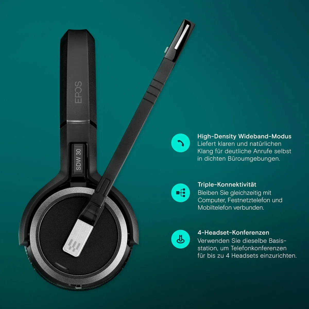 EPOS SDW 30 HS DECT-Headset - Herausragende Klangqualität, Drahtlose Bürokommunikation, Sichere DECT-Technologie, Multi-Geräte-Konnektivität, Ganztägiger