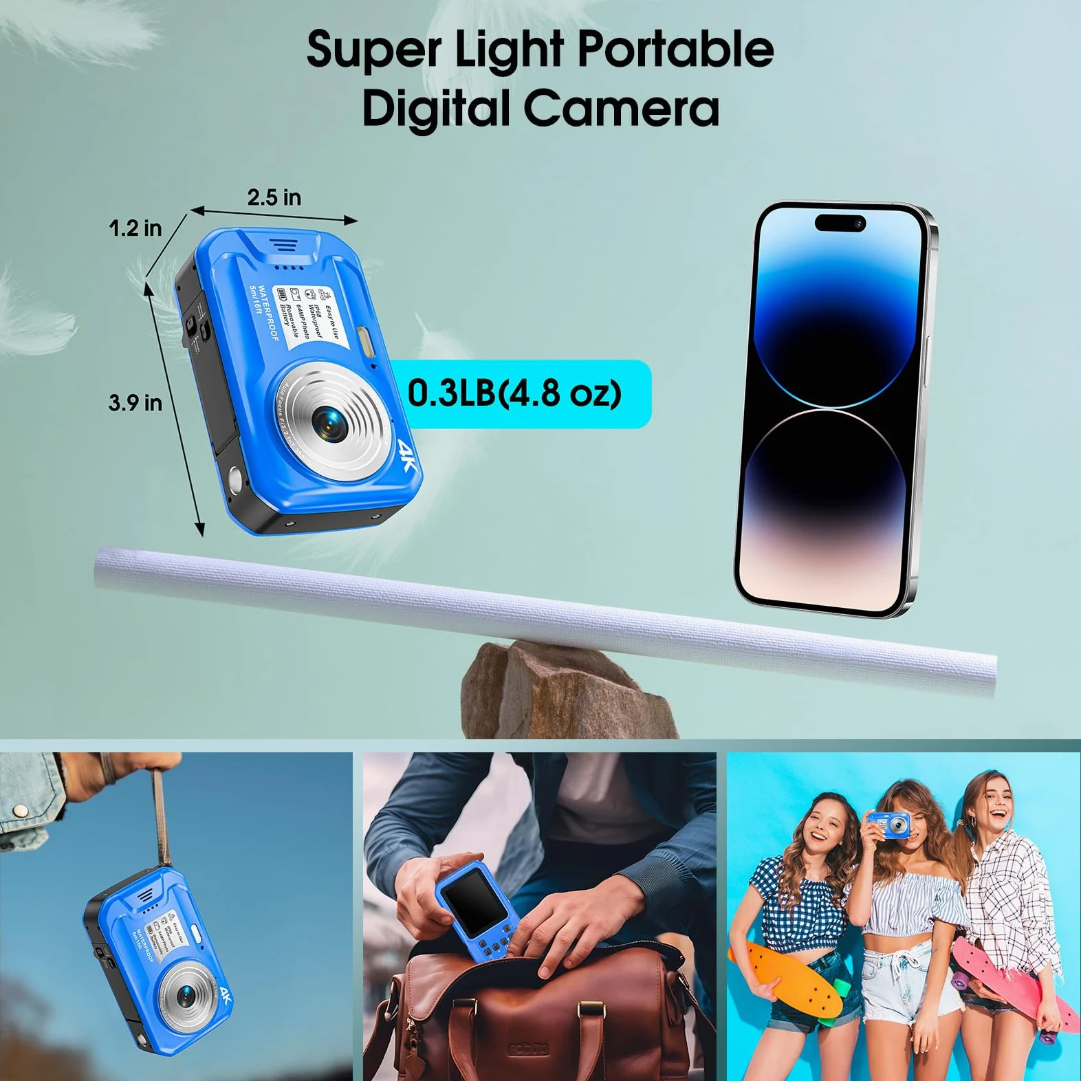 Unterwasserkamera, Yixinxin Digitalkamera wasserdichte 4K 64MP 16FT Autofokus wasserdichte Kamera zum Schnorcheln, IPS HD Bildschirm 16X Digitalzoom und 16GB Karte