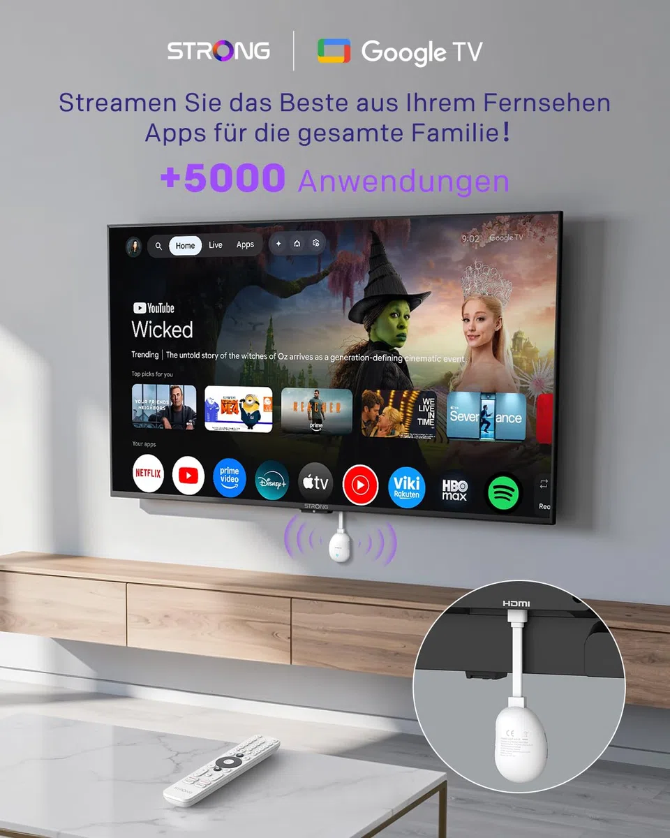 STRONG LEAP-Neve 4K UHD Google TV Streaming Stick Mit Integriertem Google Cast, 2GB RAM + 8GB Flash-Speicher, WLAN 6, Android 12, Ethernet-Anschluss, Dolby Vision & Dolby Audio - Weiß