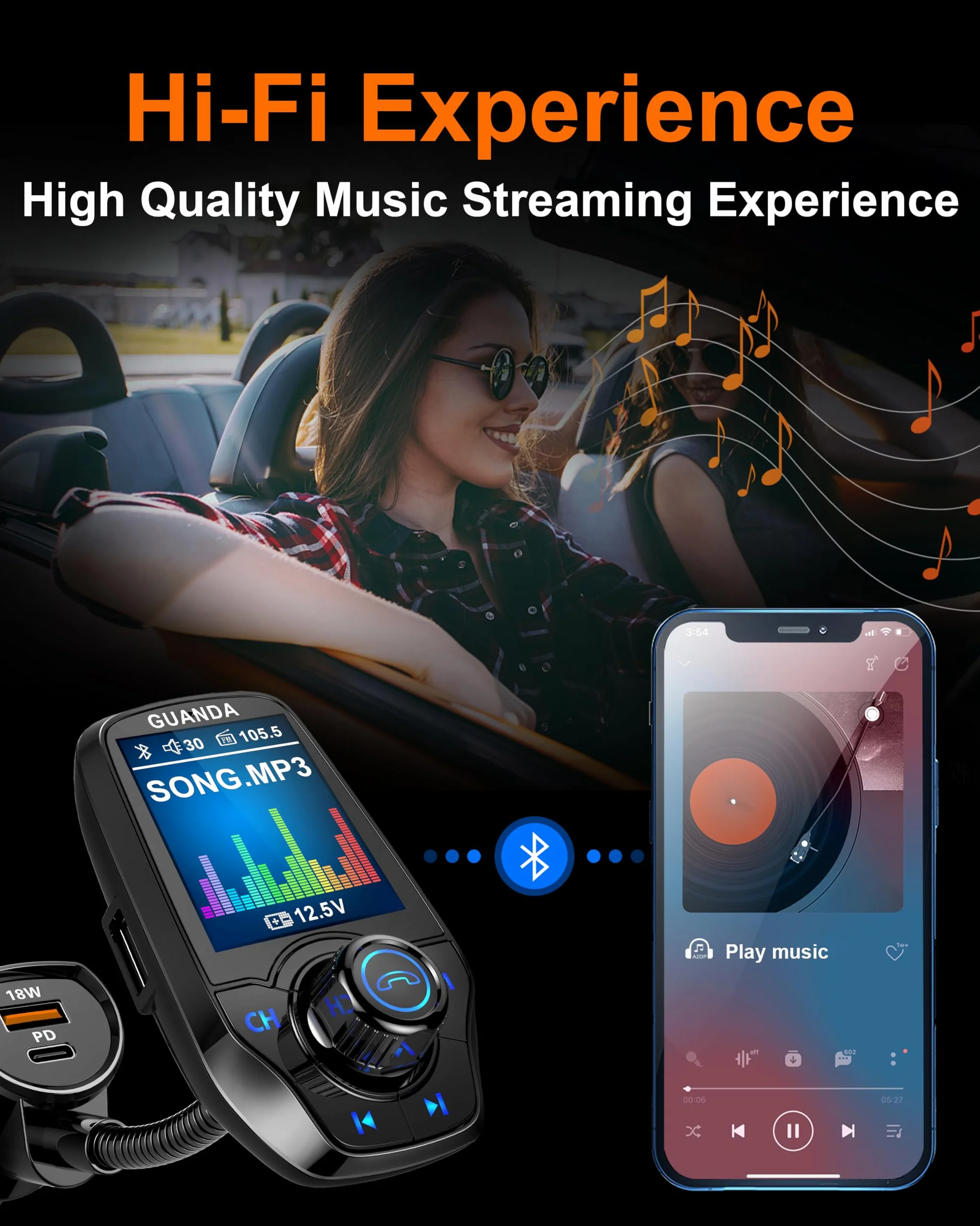 Bluetooth FM Transmitter Auto, Kabelloses Radio Auto Adapter mit 1,8'' Farbdisplay, Freisprechfunktion, AUX-Eingang/Ausgang, SD/TF-Karte, 3 Port USB PD 20W Ladegerät, 5 EQ Modi, 4-in-1 Car MP3 Player
