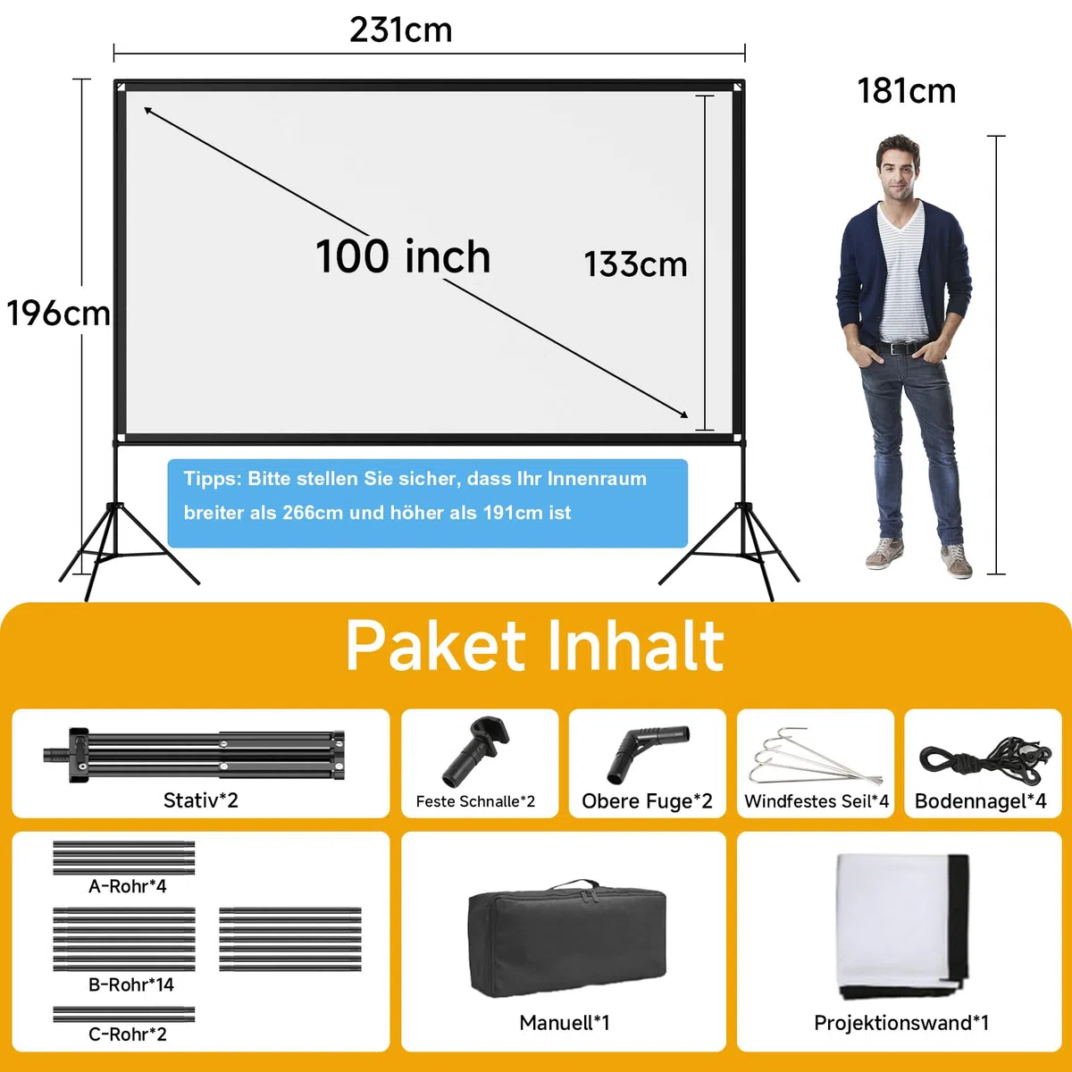 VISULAPEX 100” Beamer Leinwand mit Stativ, 16:9 4K HD Projektor Leinwand Tragbar, Faltbare leinwand Beamer mit Tragetasch für Heimkino Gartenkino Theater Nächte