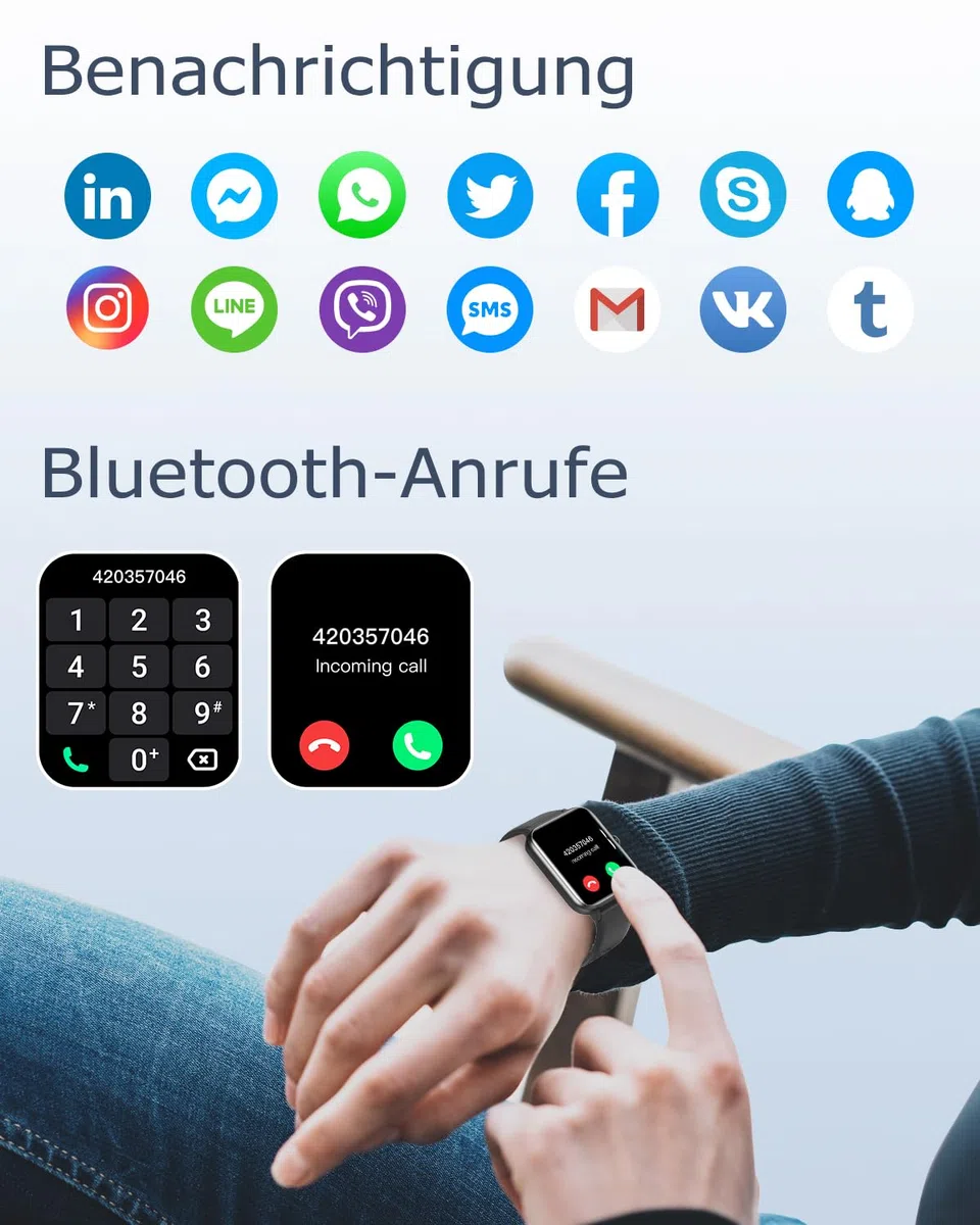 GRV Smartwatch Damen Herren 1.85" HD Fitnessuhr Telefonfunktion SpO2 Herzfrequenz Schlafmonitor Schrittzähler KI-Sprachsteuerung 100+ Sportmodi IP68 Wasserdicht iOS Android