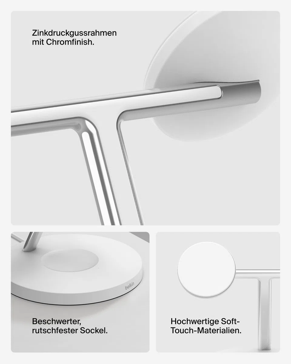 Belkin BoostCharge Pro 3-in-1 Qi2 Kabelloses Ladegerät, MagSafe-Kompatibles Ladegerät, Induktive Ladestation für die Apple iPhone 17, Air, 16, Pixelsnap, Apple Watch, AirPods, inkl. Netzteil – Weiß