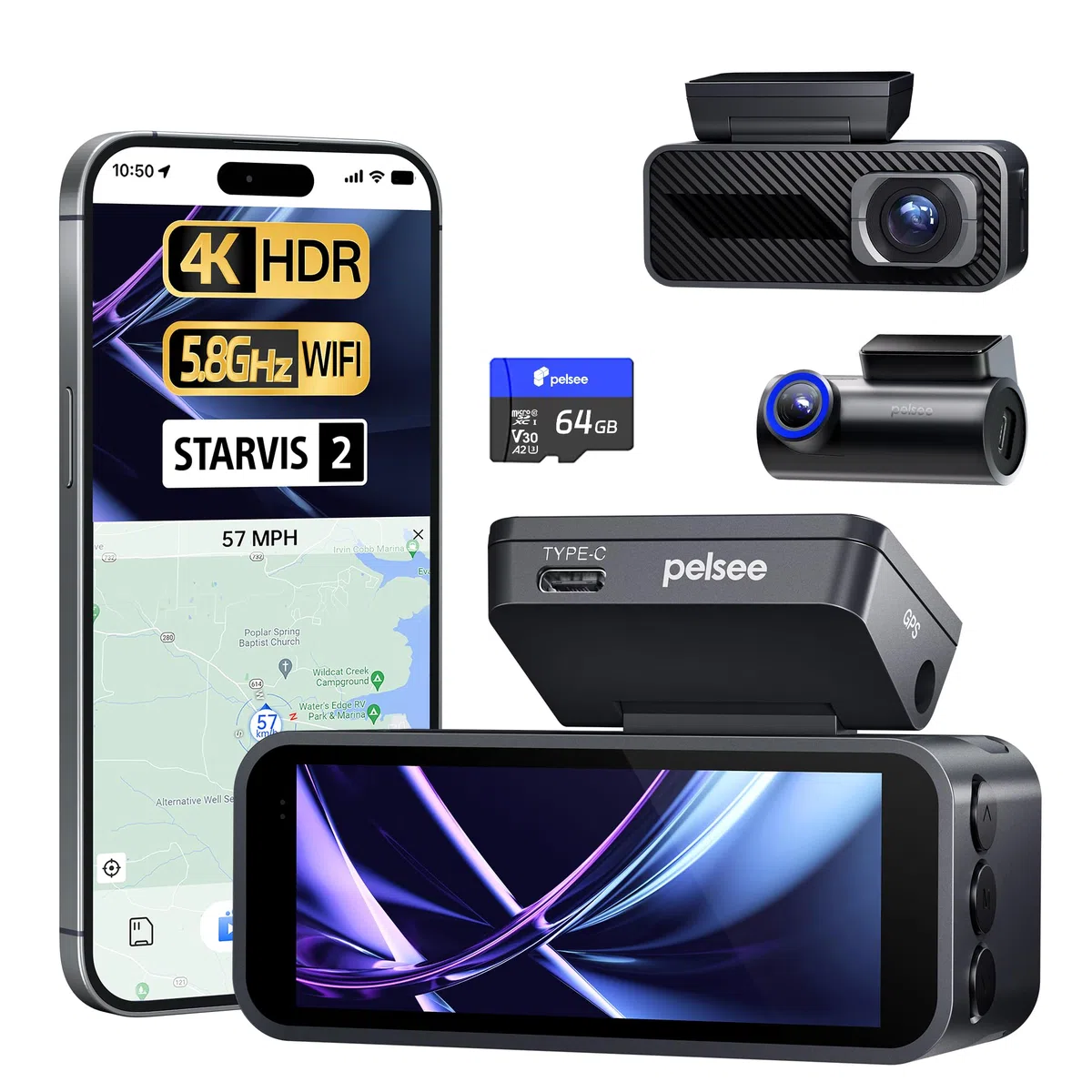 Pelsee 4K Dashcam Auto Vorne Hinten mit STARVIS 2 Sensor, 3.39'' IPS Display dashcam Auto mit 24H Parküberwachung, 5.8GHz WiFi, HDR WDR, ADAS, GPS, Vollfarben-Nachtsicht mit WiFi, 64GB SD Karte