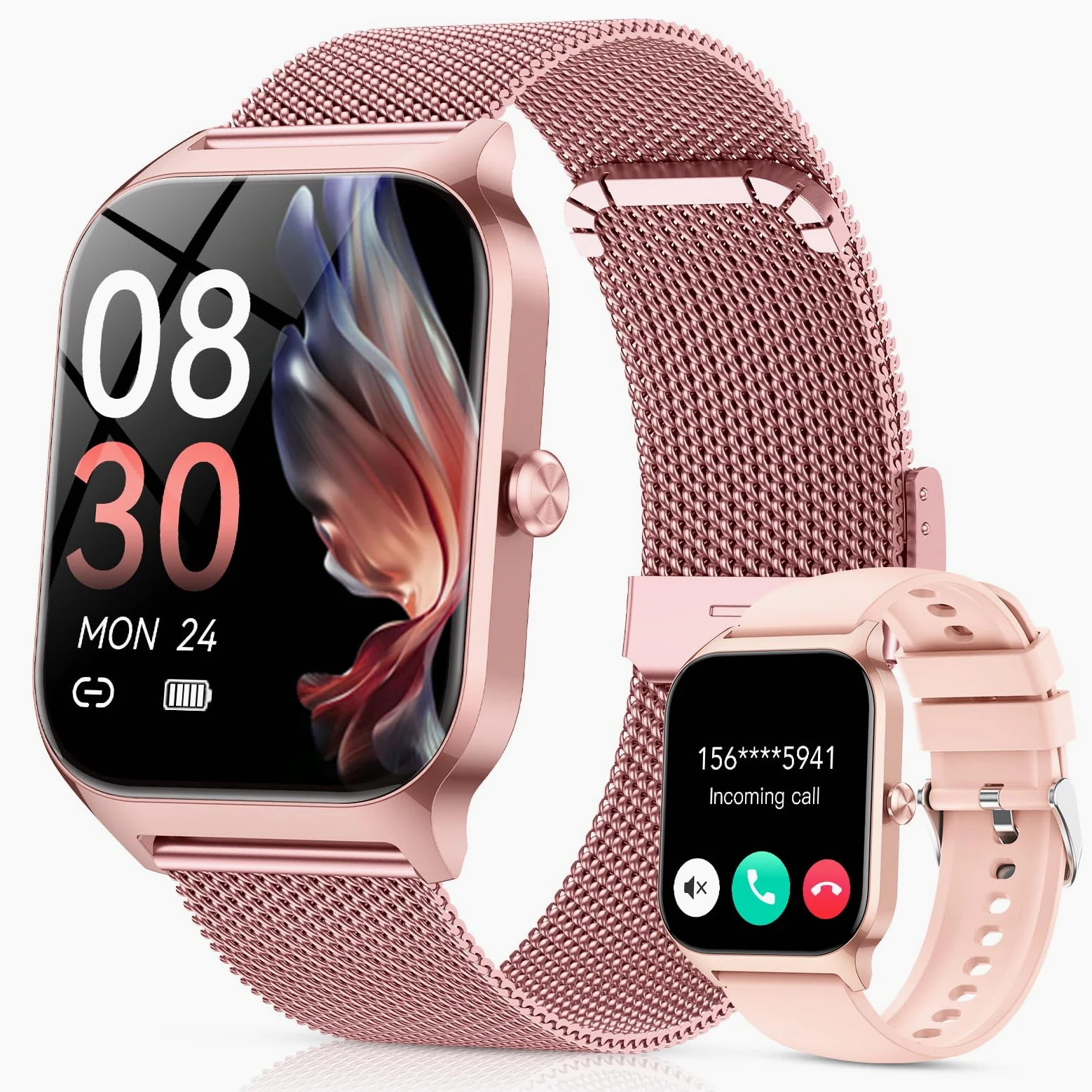 CASCHO Smartwatch Damen 1.85'' HD Fitness Tracker Herzfrequenz SpO2 Schlafmonitor Schrittzähler 120+ Sportmodi IP68 iOS Android Roségold