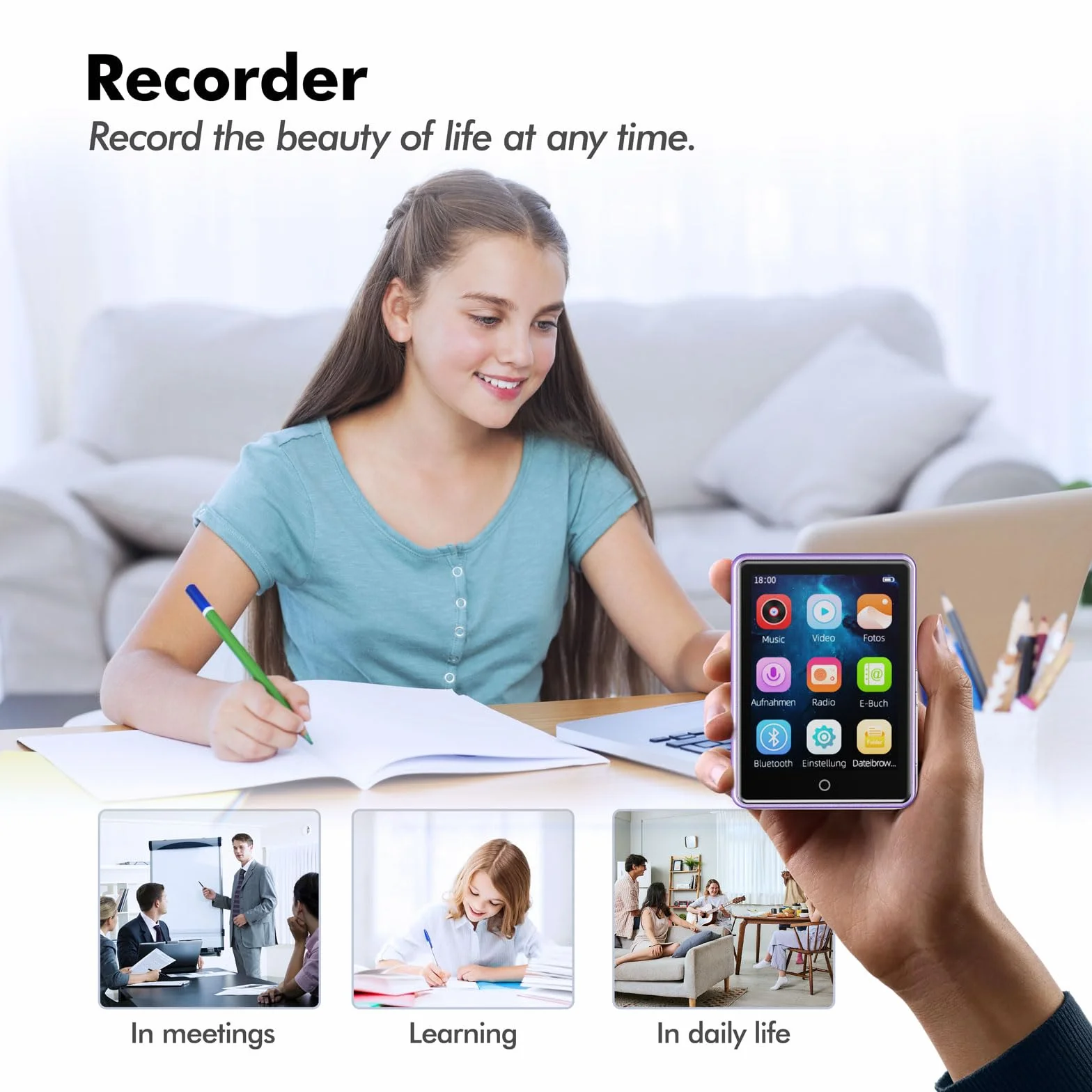 32GB MP3 Player mit Bluetooth 5.3, tragbarer MP3-Player mit Lautsprecher für Kinder HiFi-Klangqualität, 2,8-Zoll-Touchscreen, UKW-Radio, Diktiergerät, unterstützt TF-Karten bis zu 128 GB(Lila)